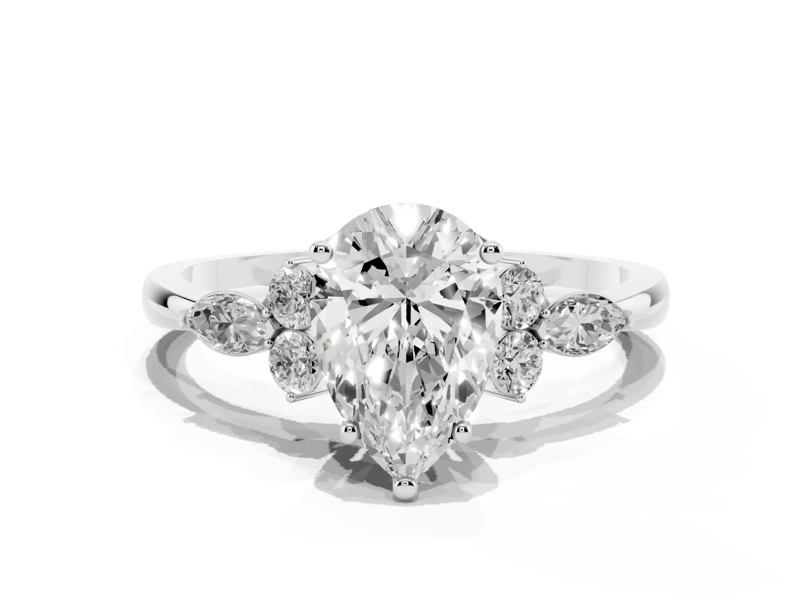 Pear Cut Brilliant Diamond Solitaire Ring with Pear Side Stones and Four-Prong Setting Platinum