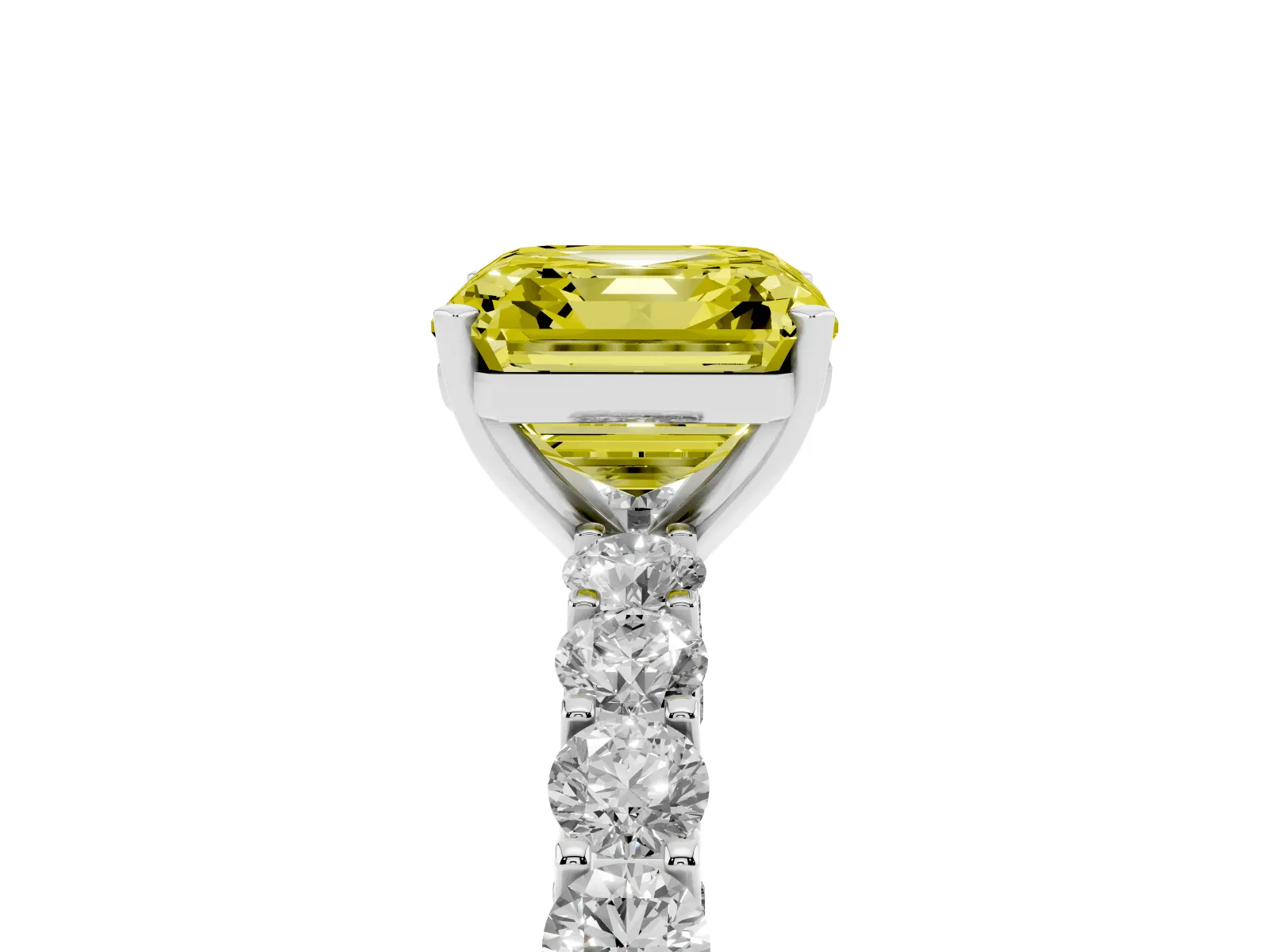 Fancy Yellow Asscher Cut Diamond Solitaire Ring with Shared Prong Pavé Band and Four-Prong Setting White gold