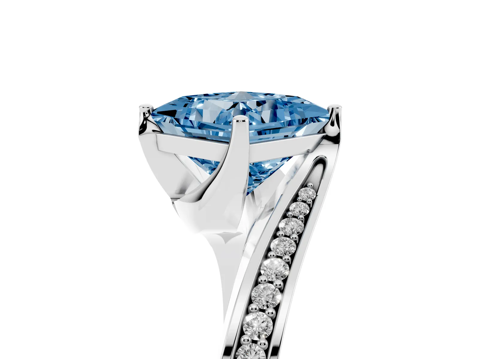 Fancy Blue Princess Cut Solitaire Diamond Twist Band with Pavé Setting and Four-Prong Setting Platinum