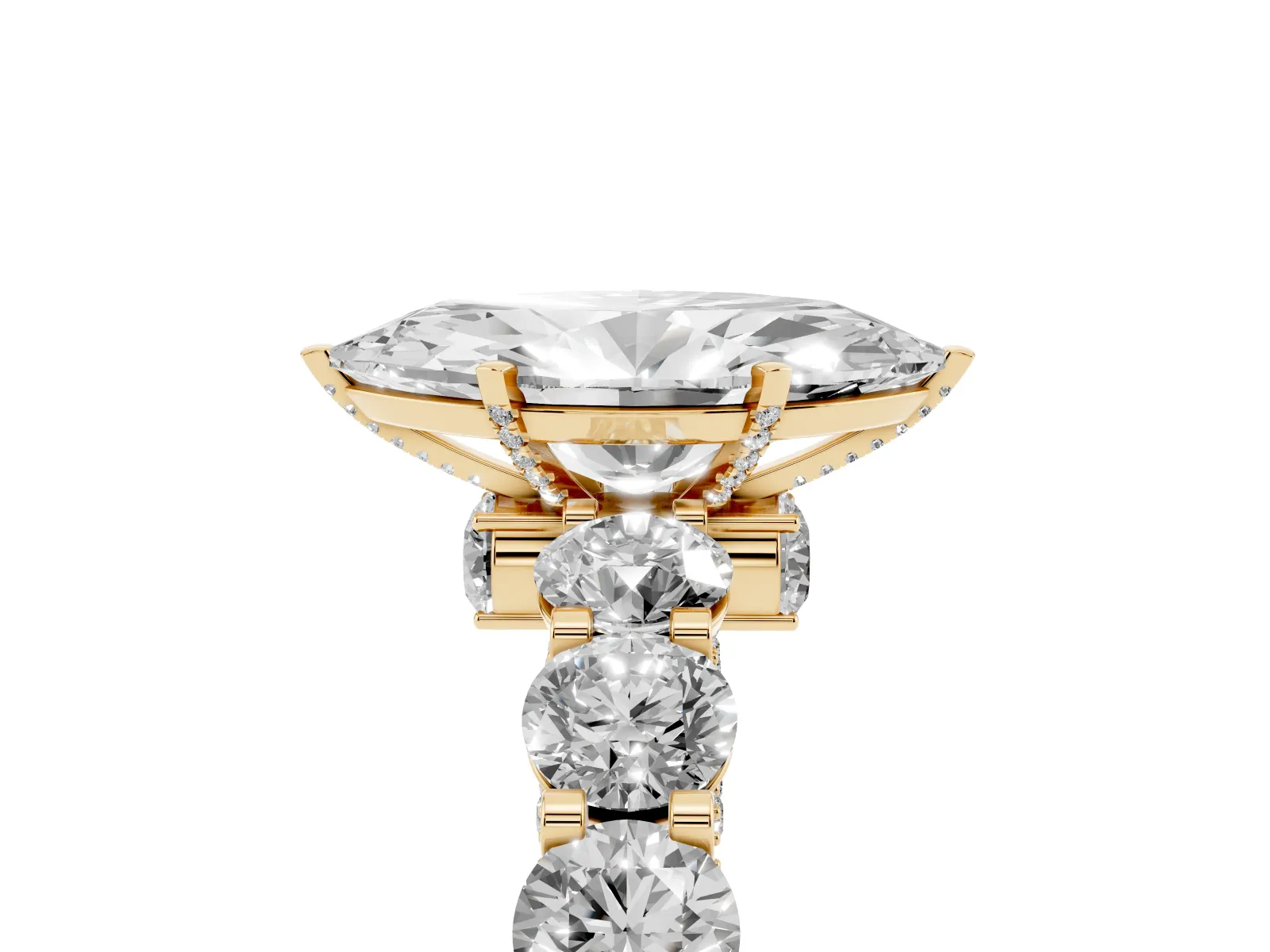 Marquise Cut Diamond Side Stone Engagement Ring with Four-Prong Setting Yellow gold