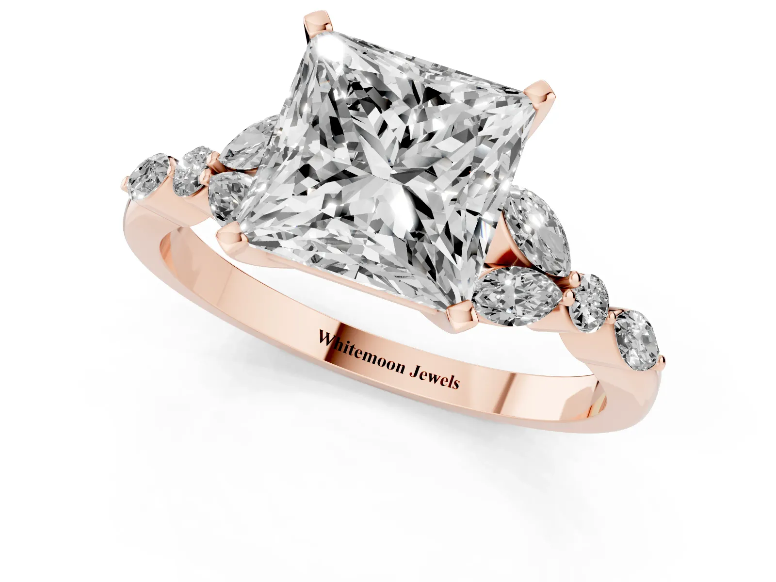 Princess Cut Diamond Solitaire Ring with Side Stones and Four-Prong Setting Rose gold