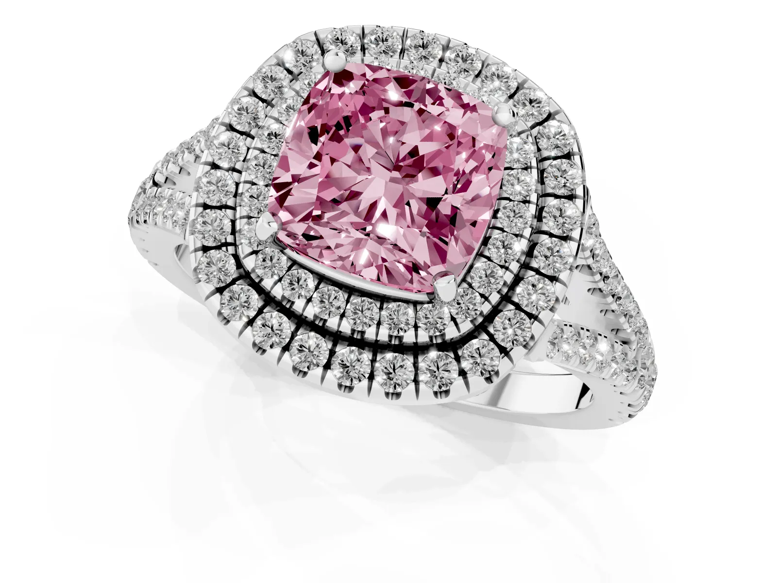 Fancy Pink Cushion Cut Diamond Double Halo Ring with Pavé Band and Prong Setting Platinum