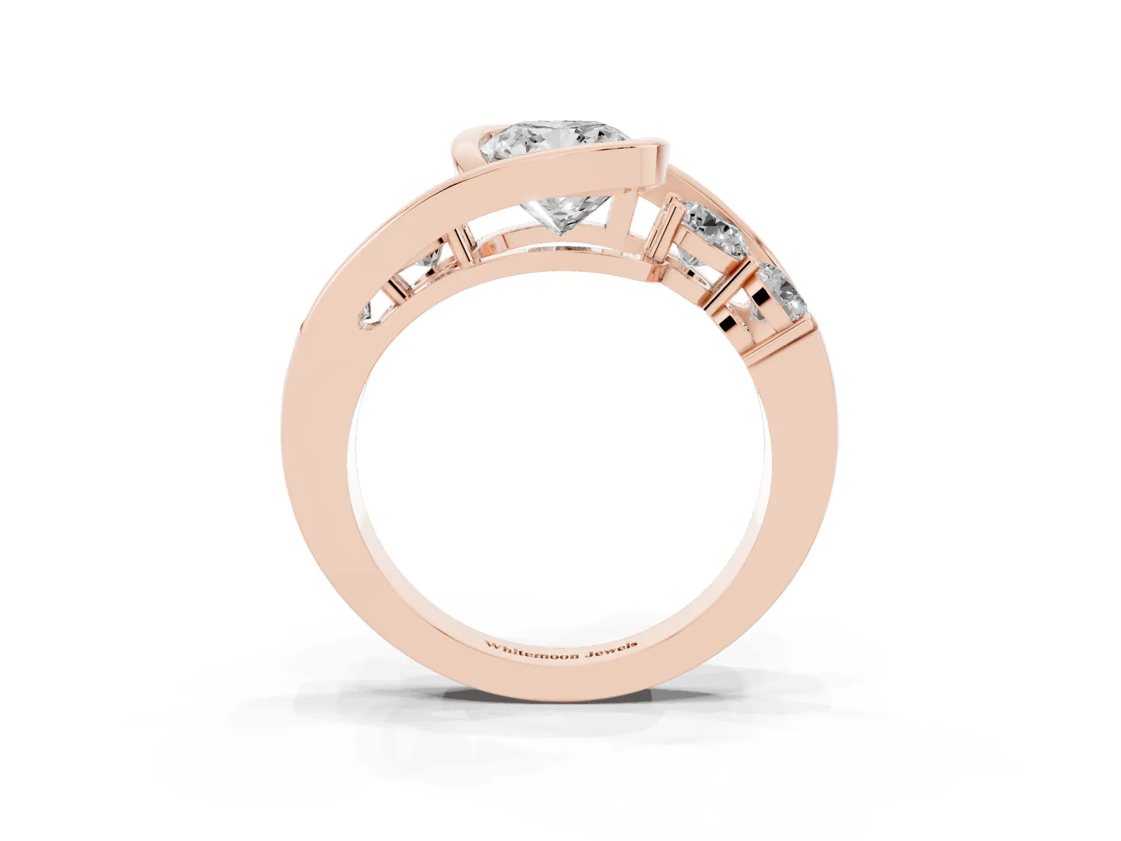 Bezel Set Cushion Cut Diamond Bypass Ring with Round Accents Rose gold