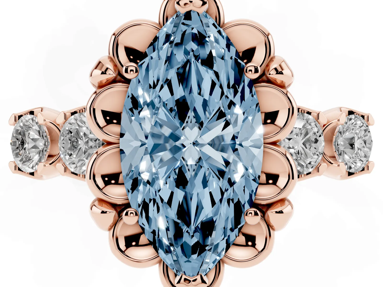 Fancy Blue Marquise Cut Cut Diamond Floral Halo Engagement Ring with Shared Prong Setting Rose gold