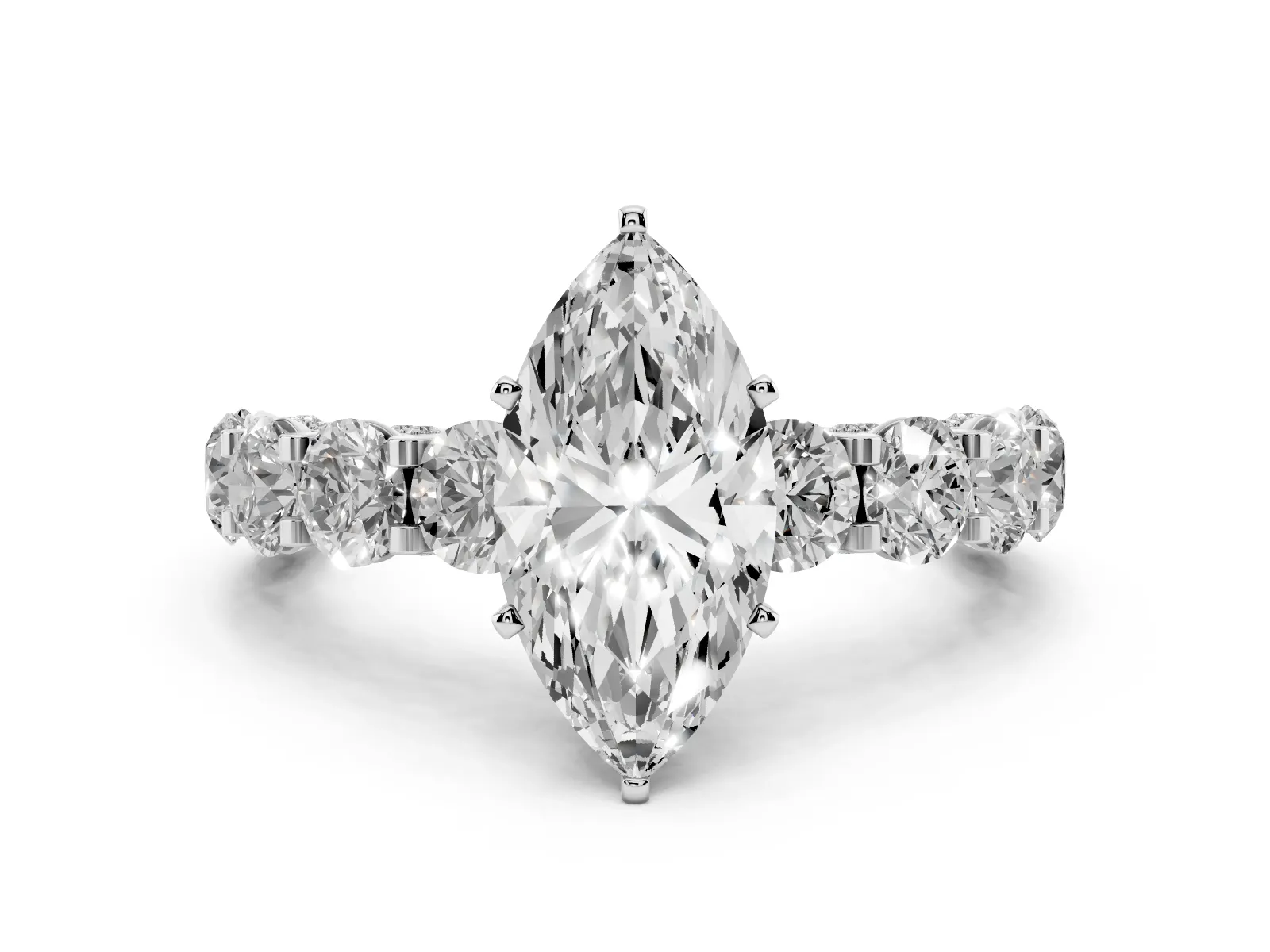 Marquise Cut Diamond Side Stone Engagement Ring with Four-Prong Setting Platinum