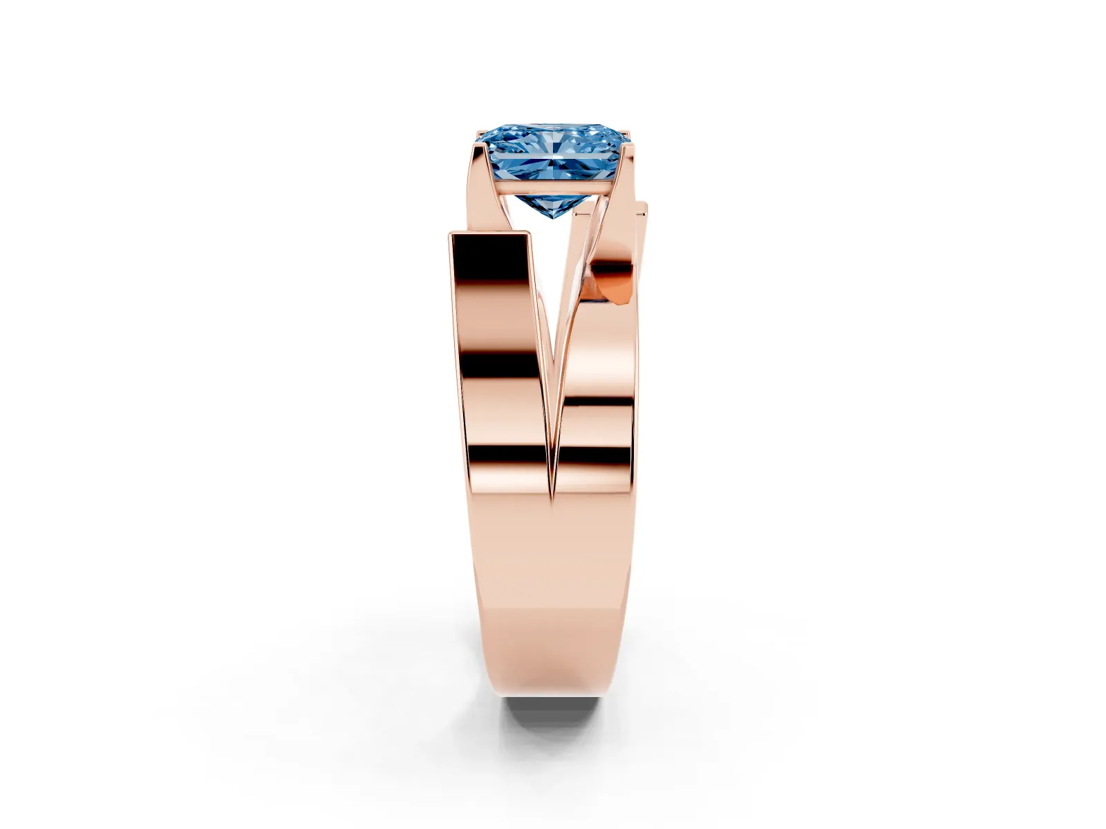 Fancy Blue Modern Tension Set Radiant Cut Diamond Solitaire Wide Band Ring Rose gold