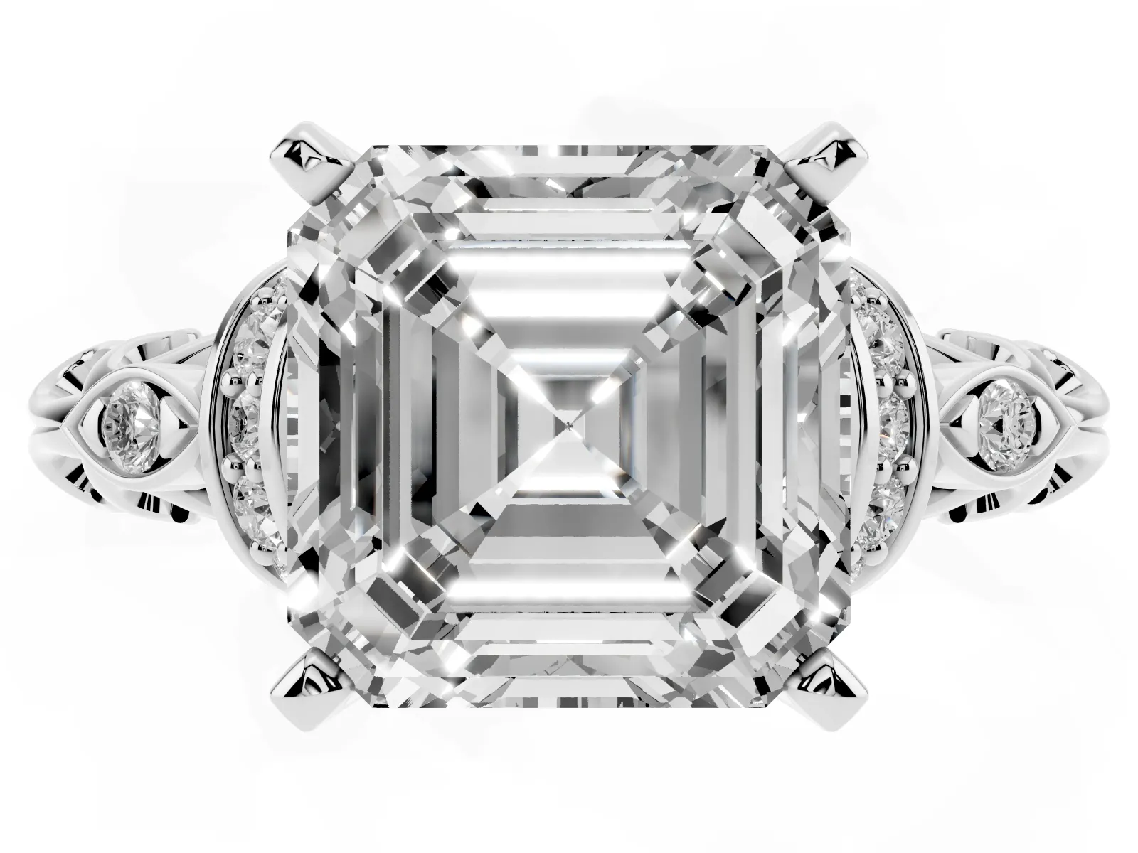 Asscher Cut Diamond Solitaire Ring with Filigree Band and Four-Prong Setting Platinum