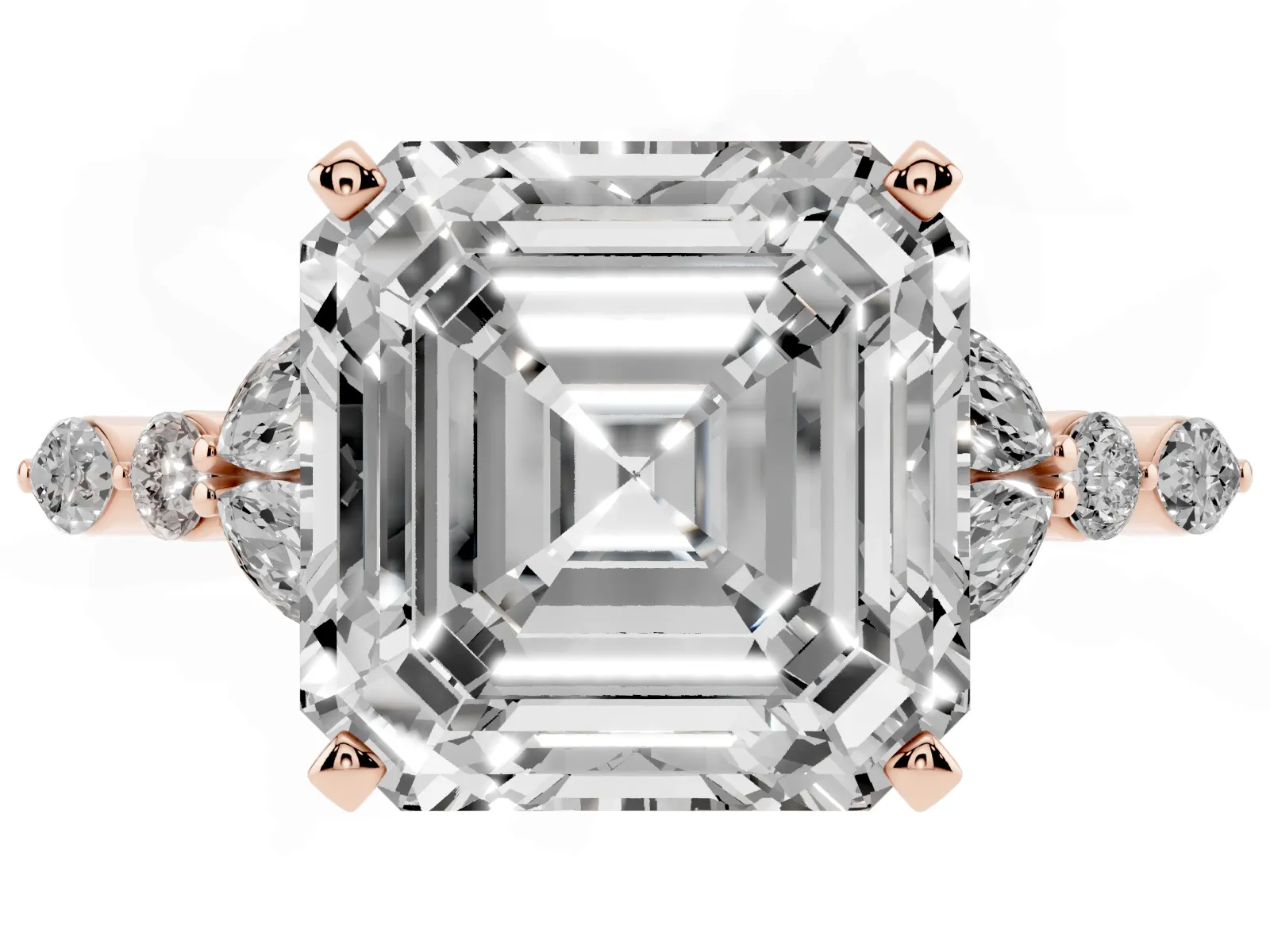 Asscher Cut Diamond Solitaire Ring with Side Stones and Four-Prong Setting Rose gold