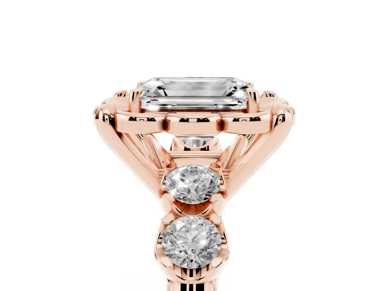 Emerald Cut Cut Diamond Floral Halo Engagement Ring with Shared Prong Setting Rose gold