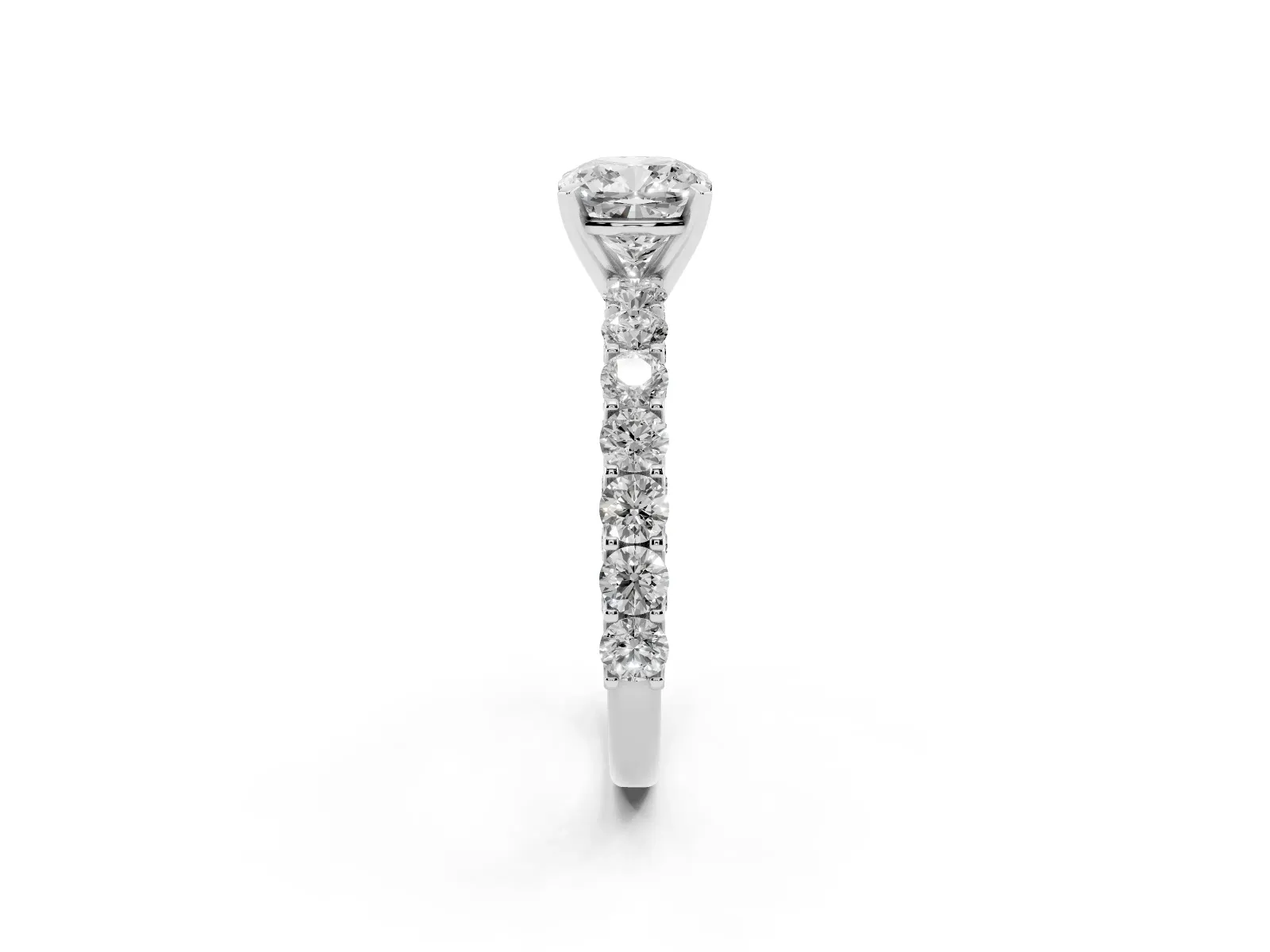 Cushion Cut Diamond Solitaire Ring with Shared Prong Pavé Band and Four-Prong Setting White gold