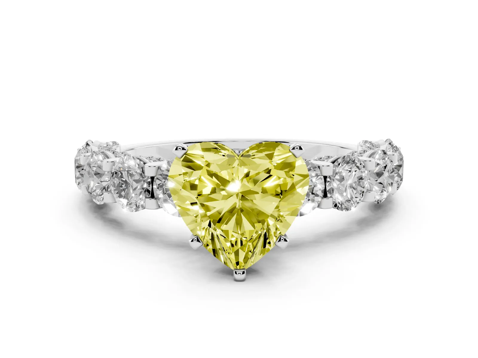 Fancy Yellow Heart Cut Diamond Side Stone Engagement Ring with Four-Prong Setting Platinum