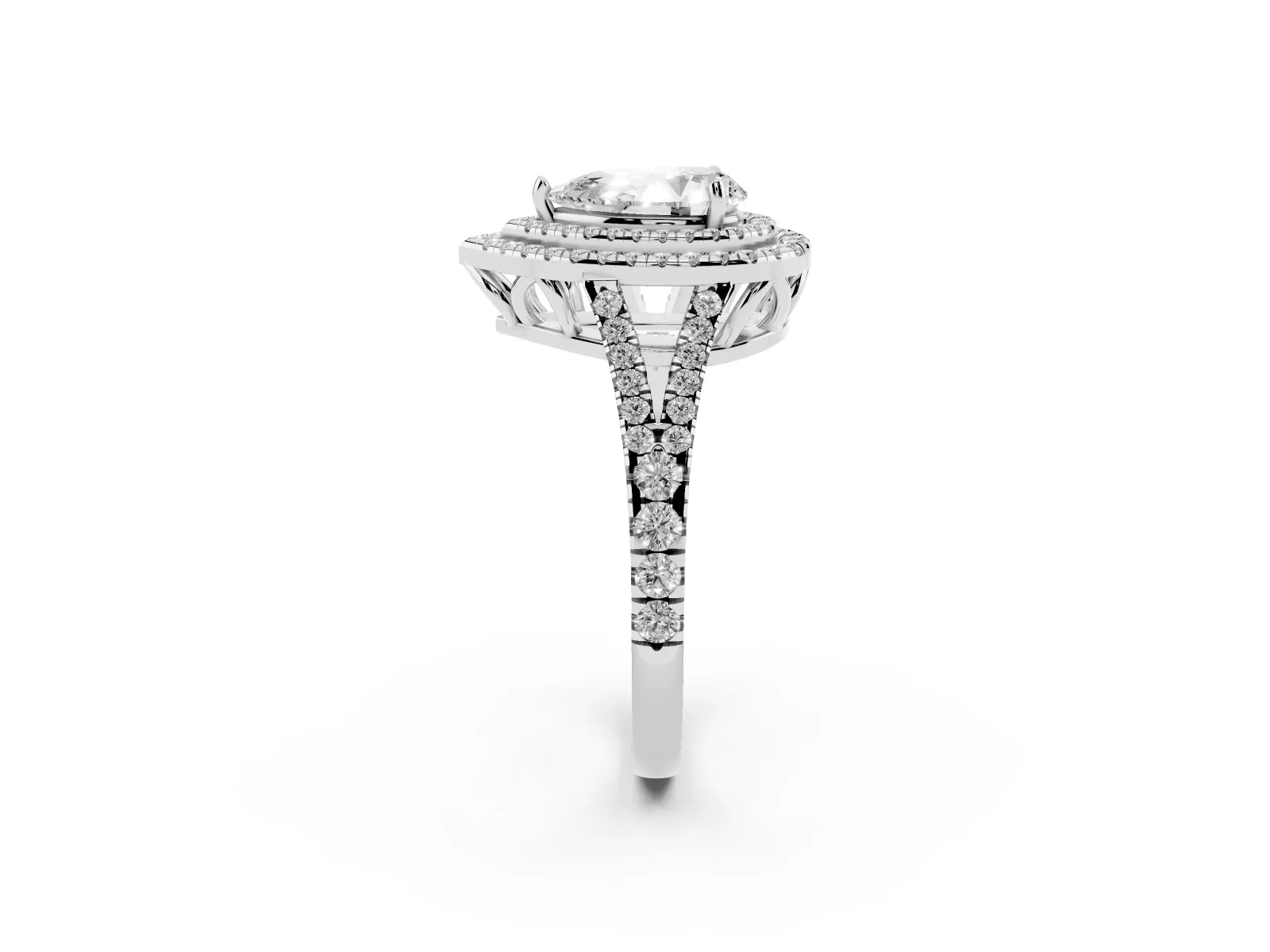 Pear Cut Diamond Double Halo Ring with Pavé Band and Prong Setting Platinum