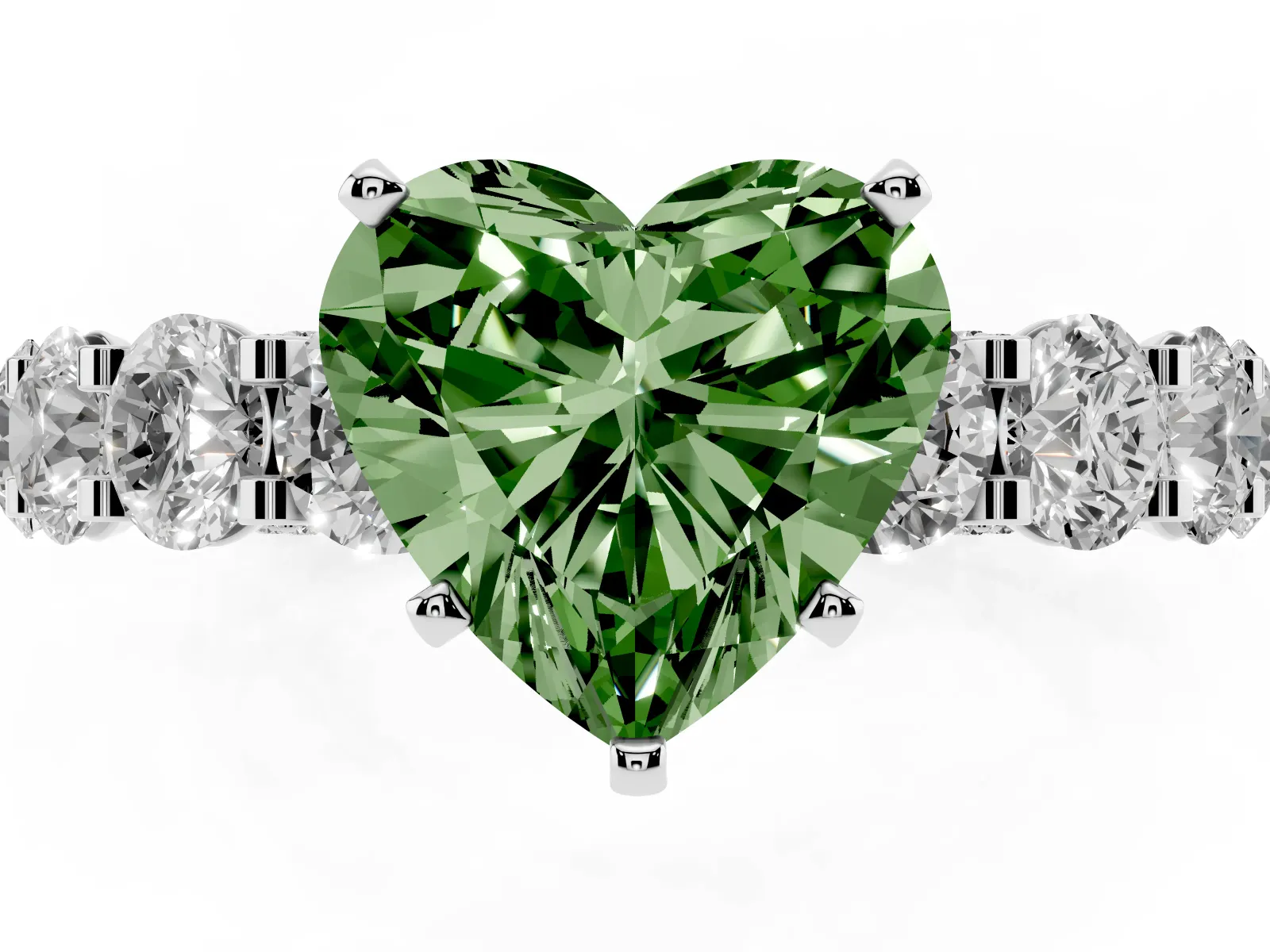 Fancy Green Heart Cut Diamond Side Stone Engagement Ring with Four-Prong Setting Platinum