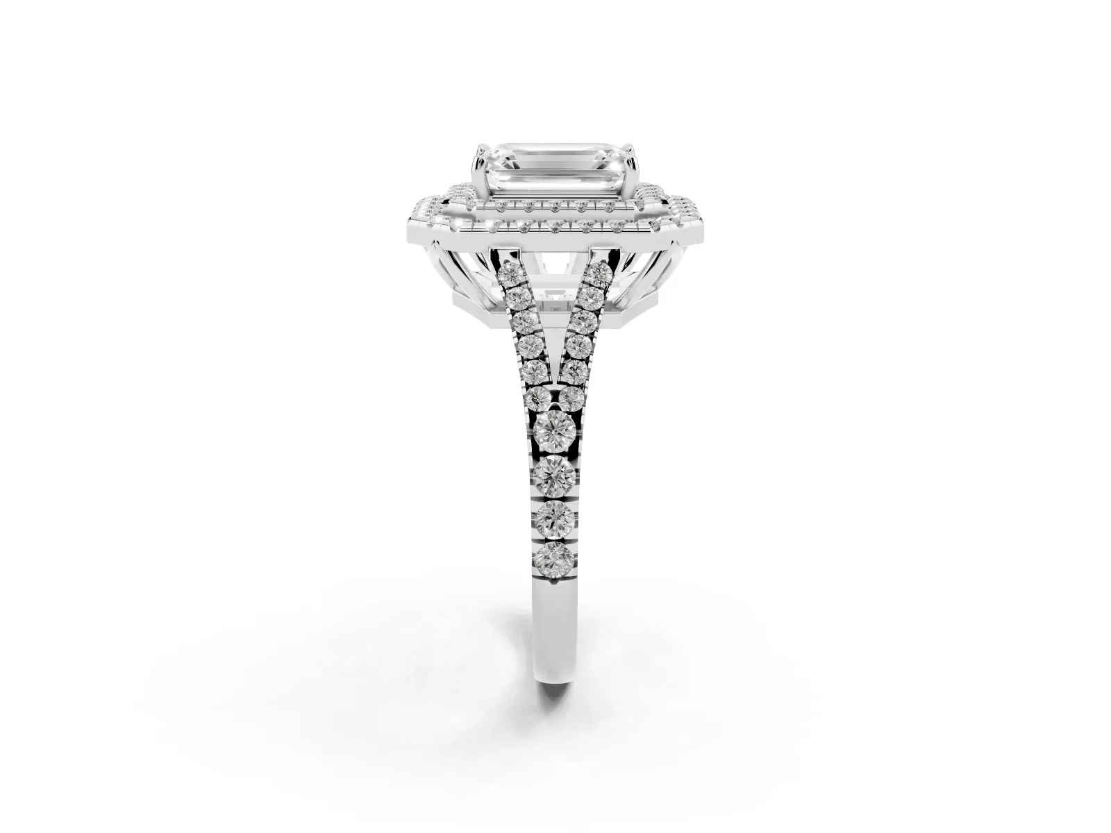 Emerald Cut Diamond Double Halo Ring with Pavé Band and Prong Setting Platinum