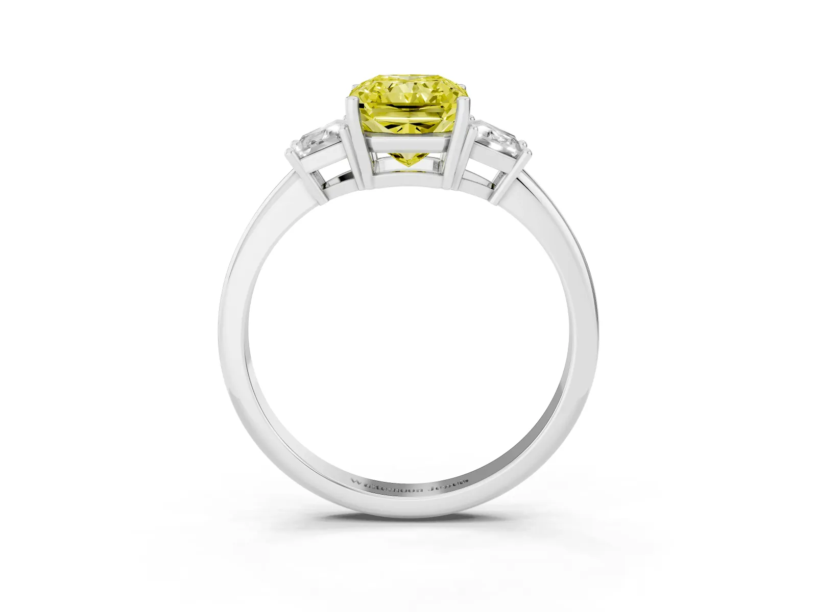 Fancy Yellow Radiant Cut Diamond Three-Stone Ring with Trapezoid Side Stones and Prong Setting Platinum