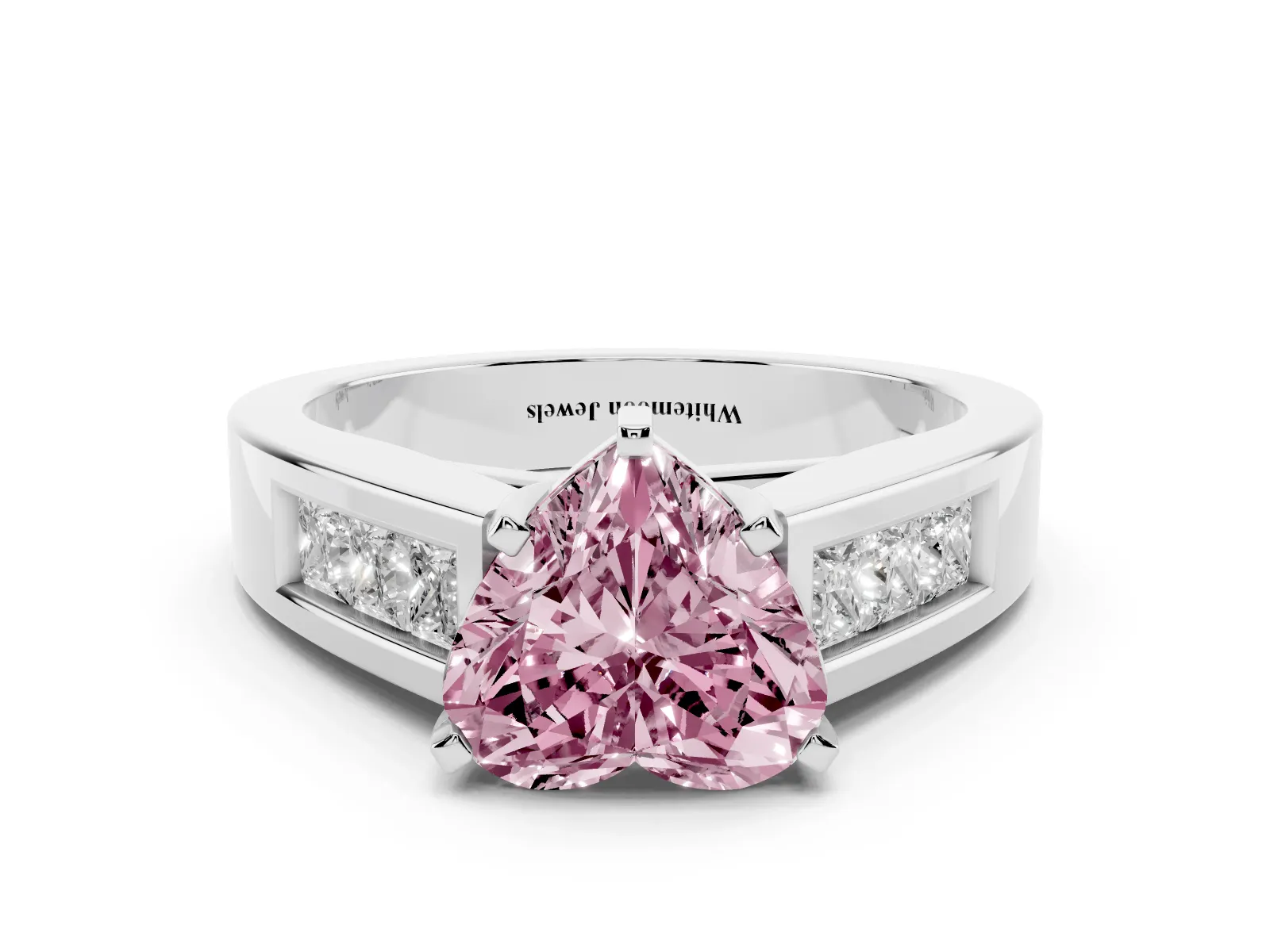 Fancy Pink Heart Cut Cut Channel Set Solitaire Ring with Four-Prong Setting White gold