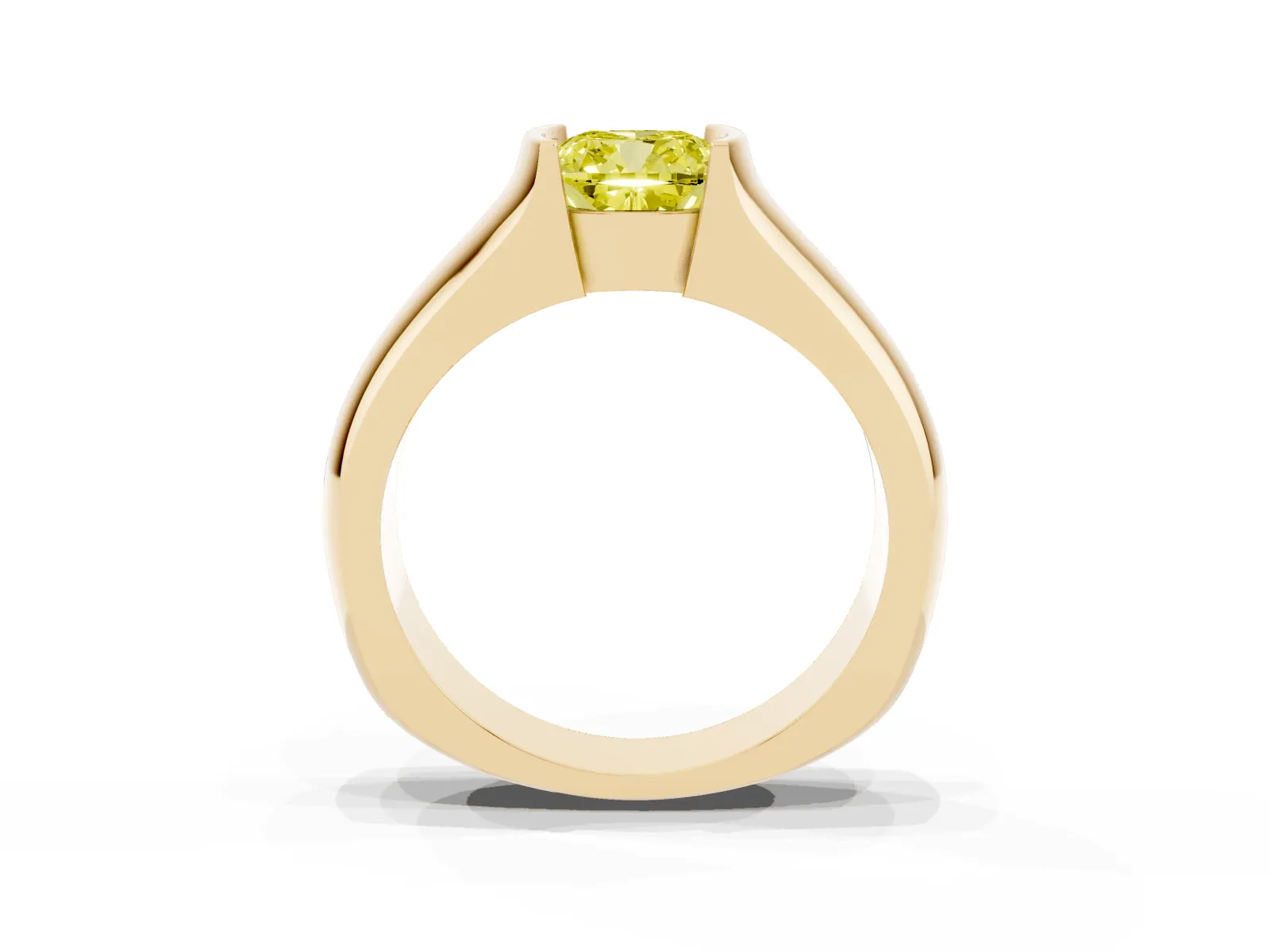 Fancy Yellow Cushion Cut Solitaire Bezel Set Diamond Ring with Wide Band Yellow gold
