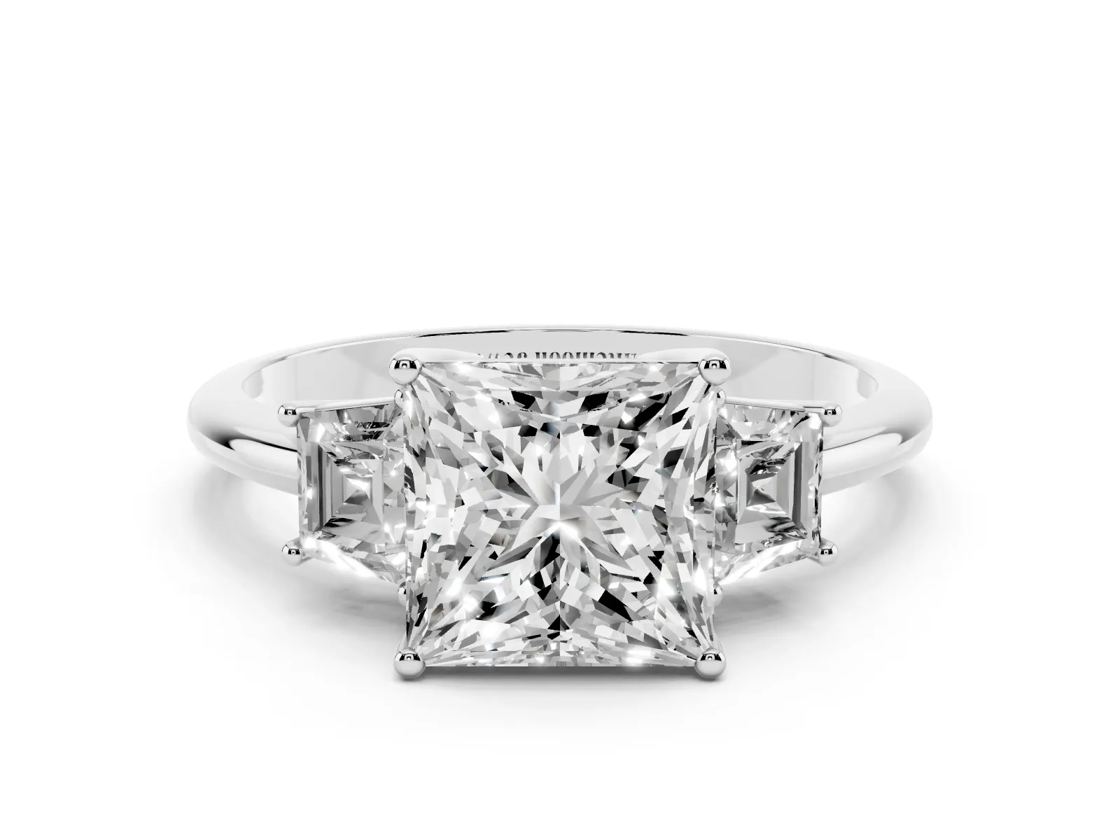 Princess Cut Diamond Three-Stone Ring with Trapezoid Side Stones and Prong Setting Silver