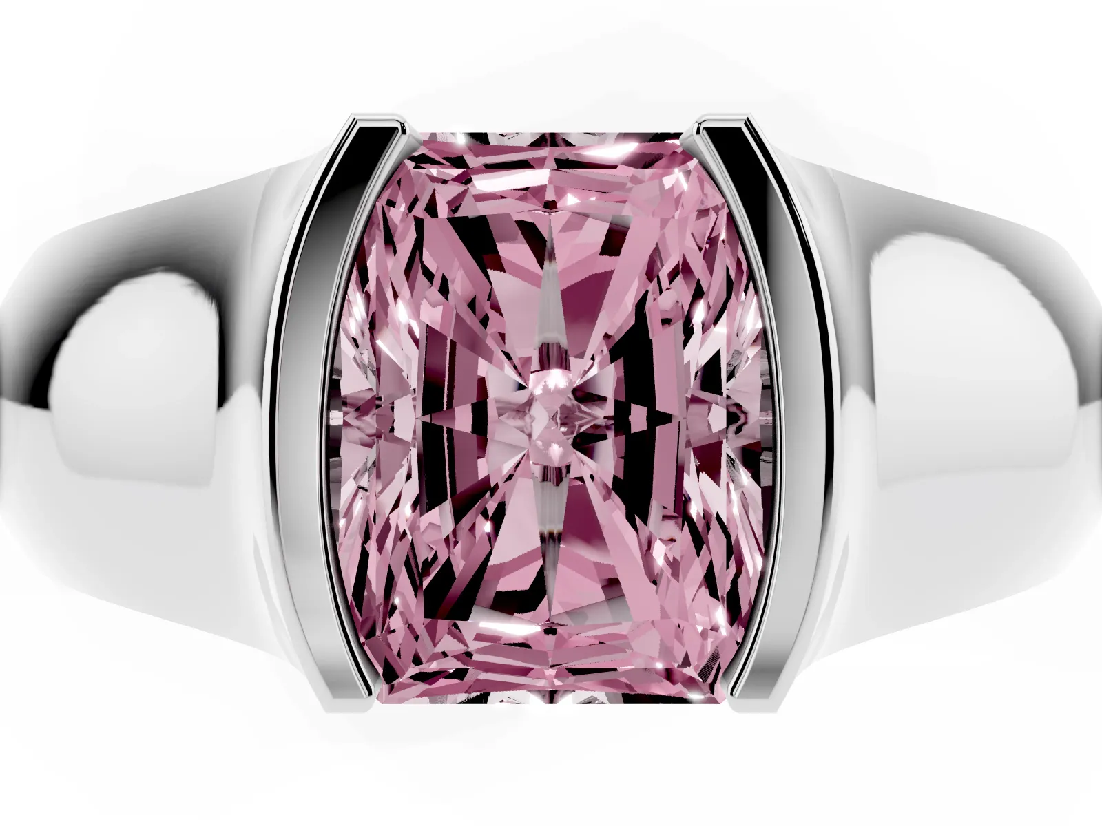 Fancy Pink Radiant Cut Solitaire Bezel Set Diamond Ring with Wide Band White gold