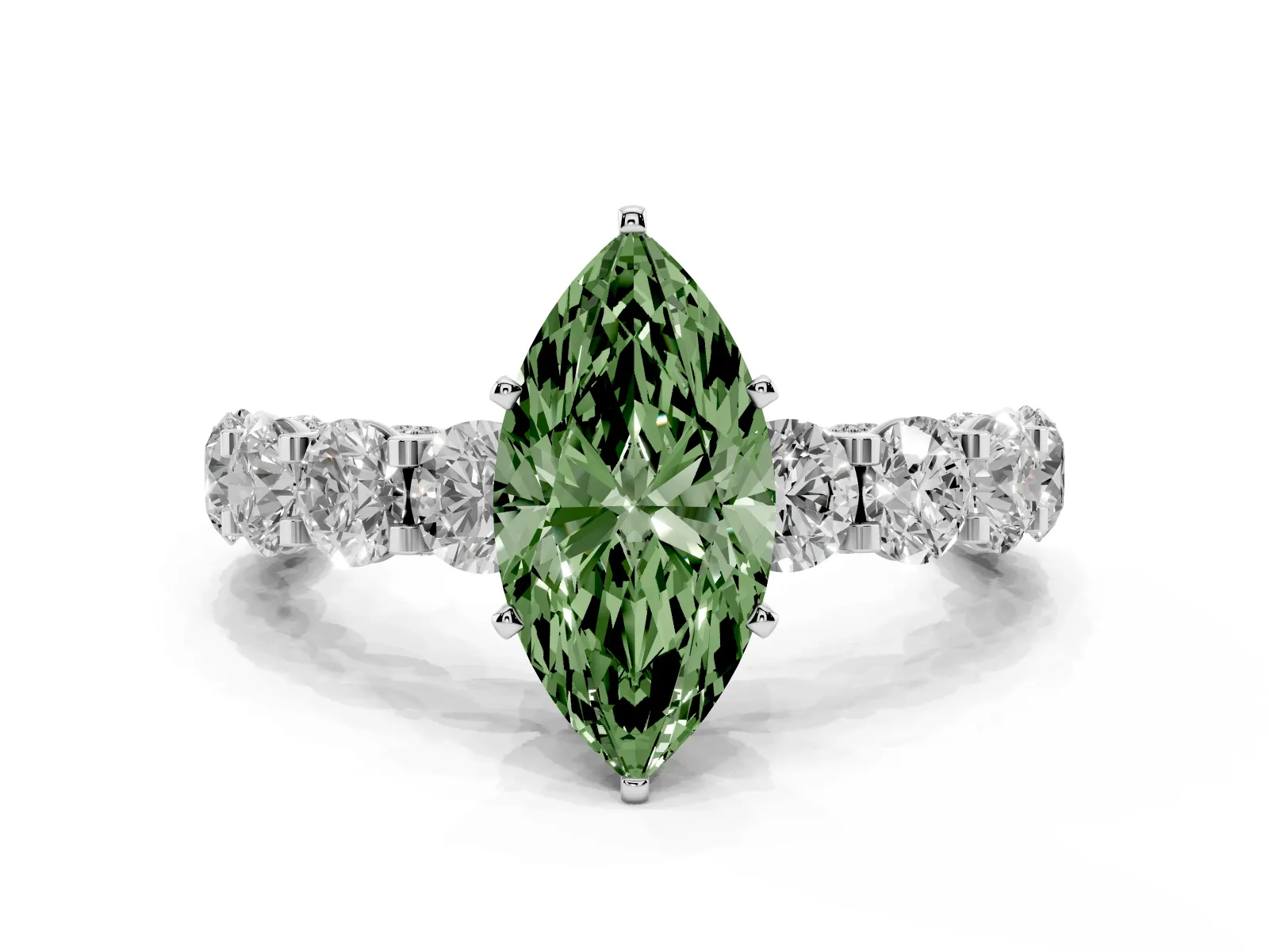 Fancy Green Marquise Cut Diamond Side Stone Engagement Ring with Four-Prong Setting White gold
