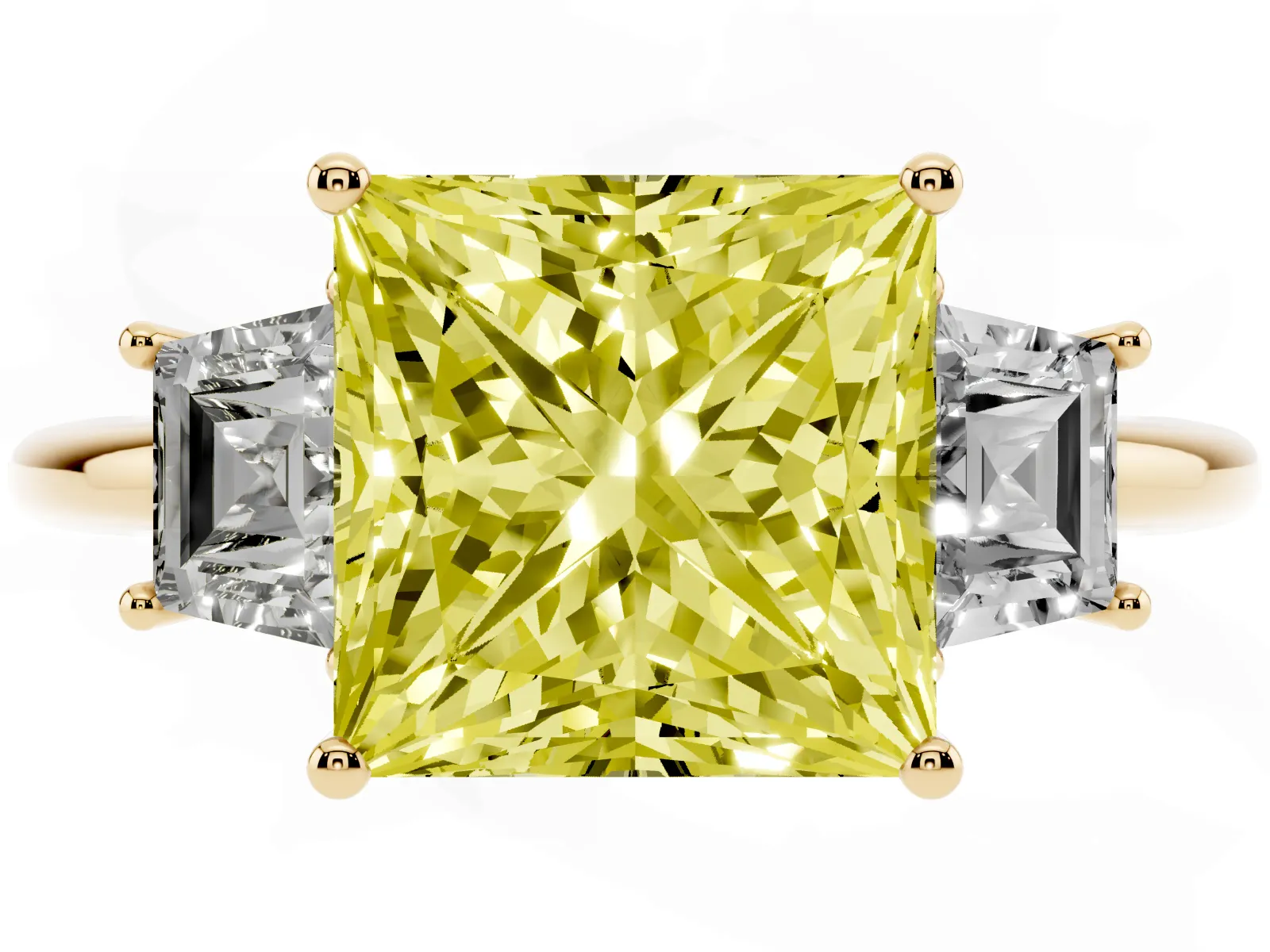 Fancy Yellow Princess Cut Diamond Three-Stone Ring with Trapezoid Side Stones and Prong Setting Yellow gold