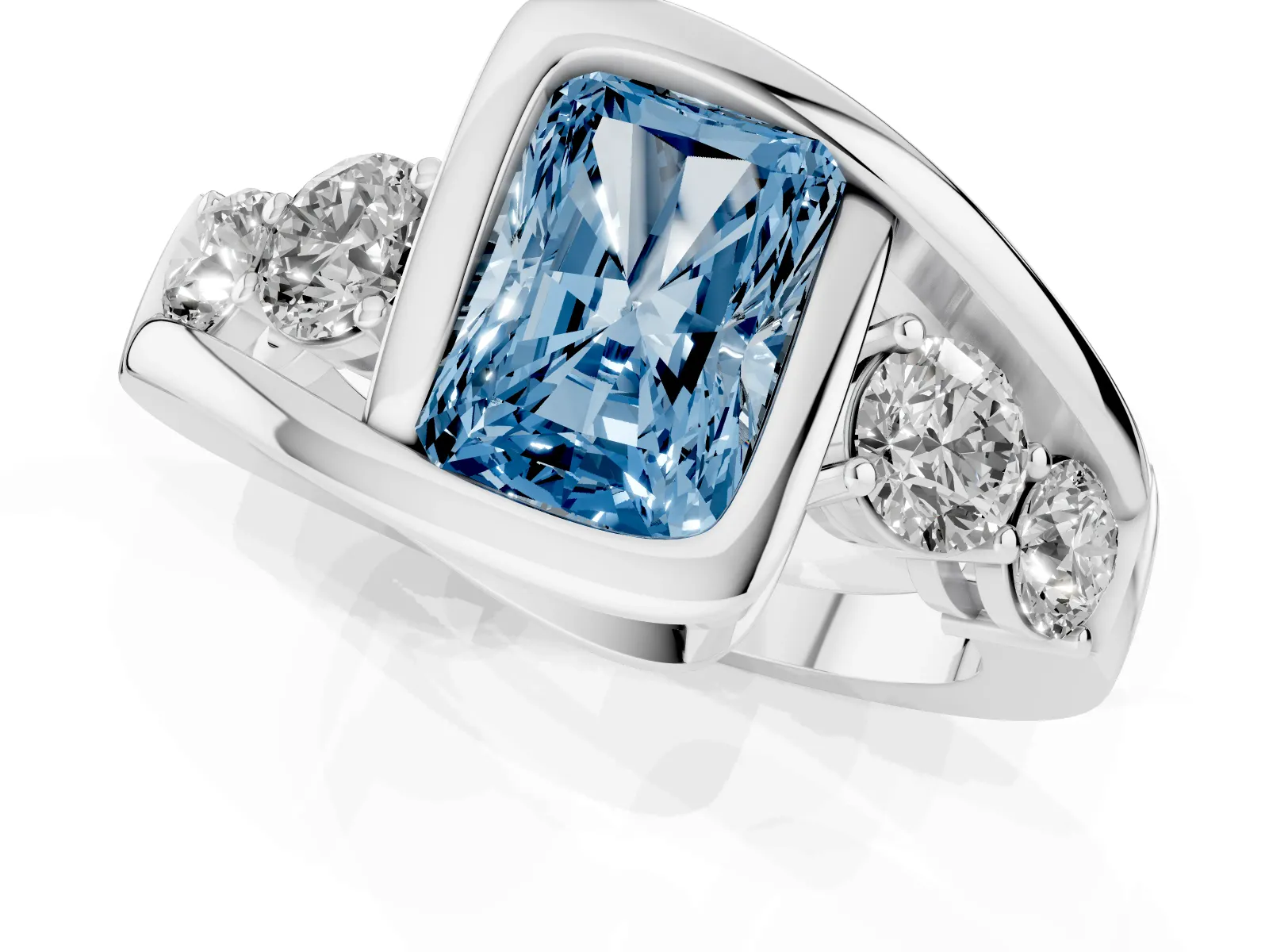 Fancy Blue Bezel Set Radiant Cut Diamond Bypass Ring with Round Accents White gold