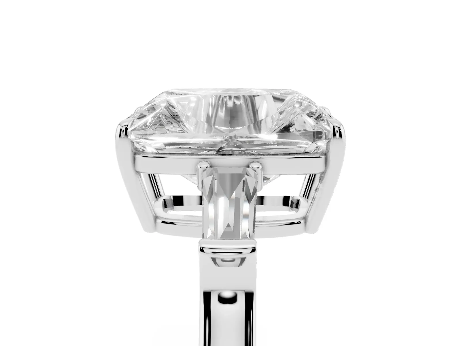 Old Mine Elongated Cushion Diamond with Side Tapered Baguette Three Stone Ring Platinum