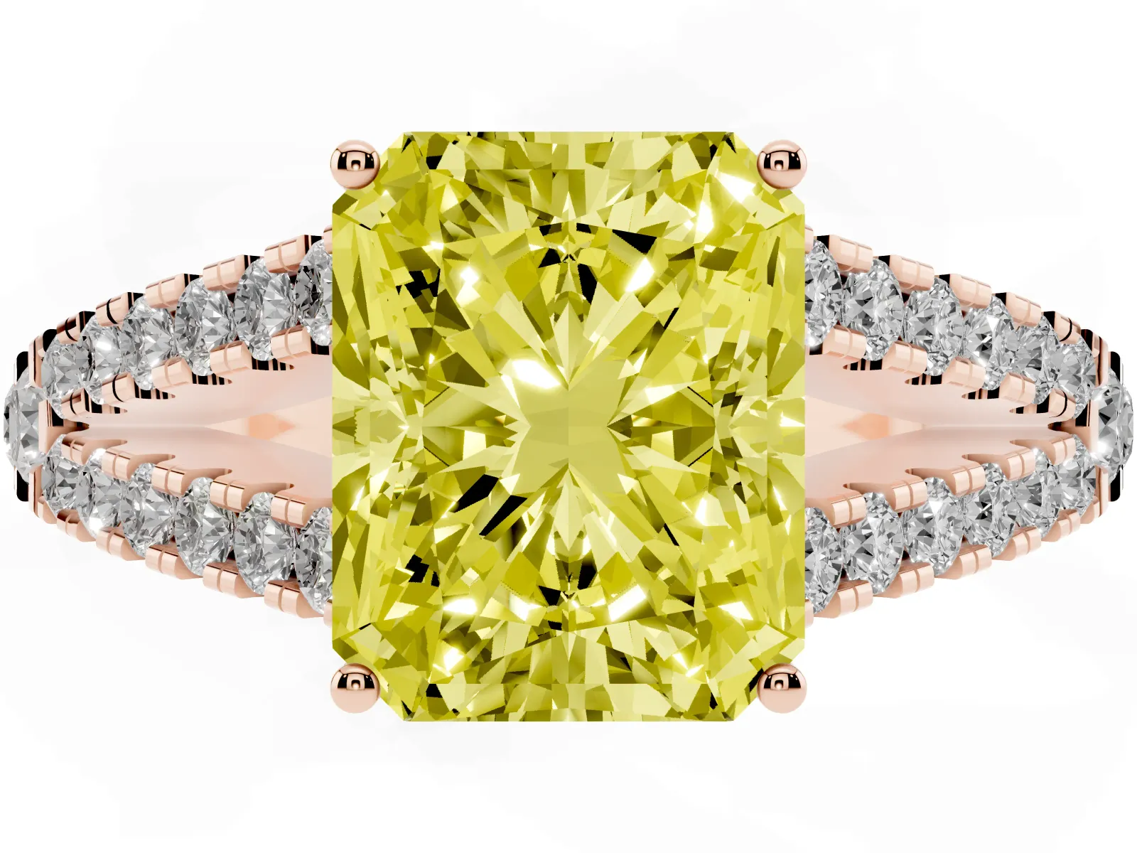 Fancy Yellow Radiant Cut Diamond Split Shank Engagement Ring with Round Pavé and Prong Setting Rose gold