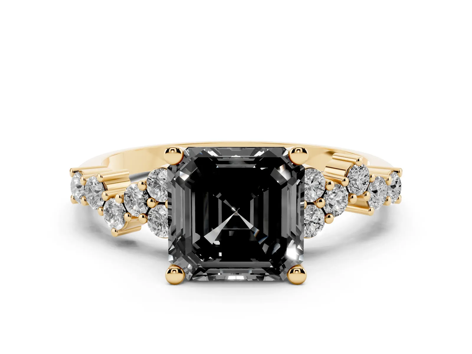 Fancy Black Asscher Cut Diamond Scattered Round Accent Ring with Prong Setting Yellow gold