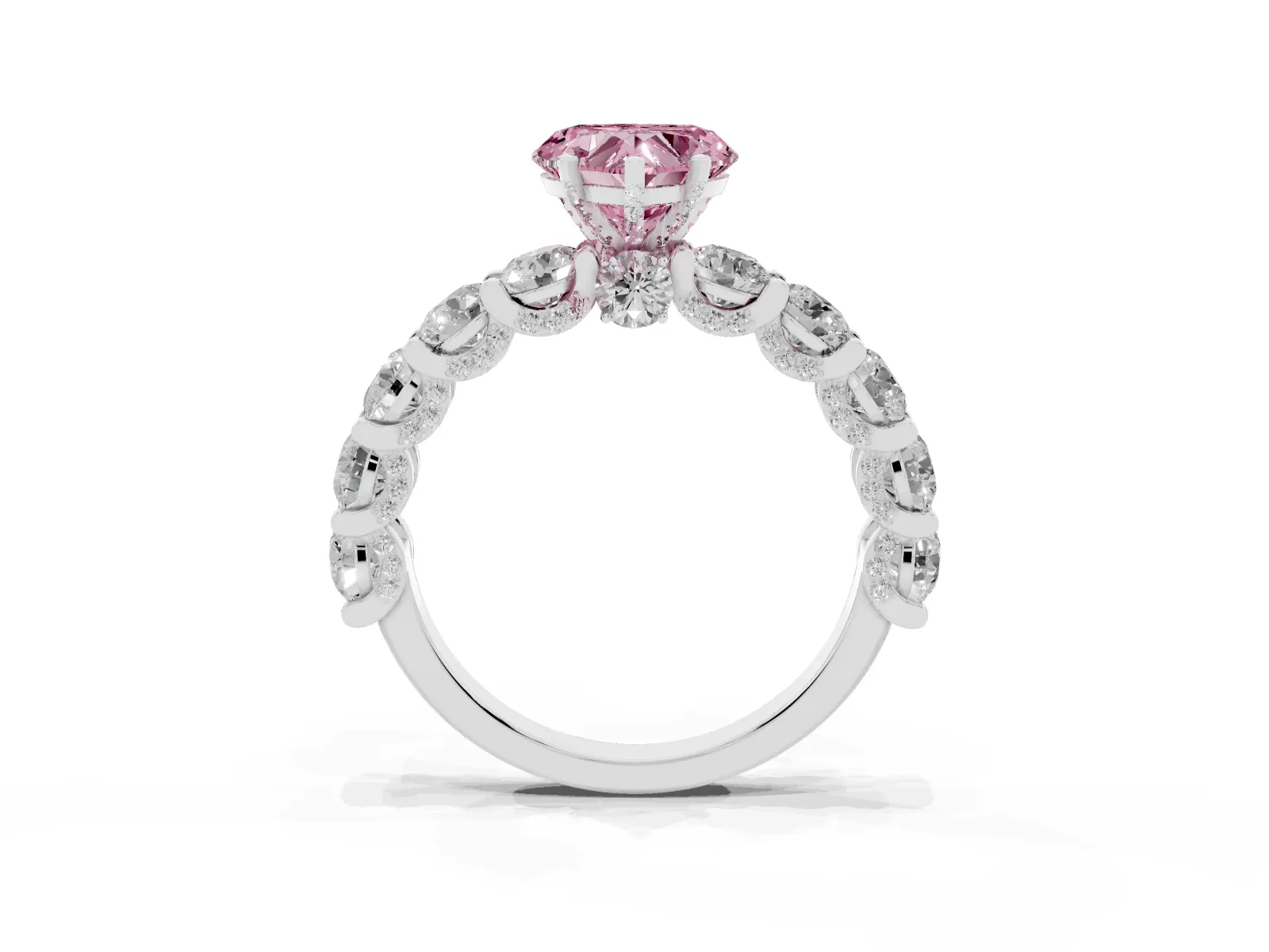 Fancy Pink Heart Cut Diamond Side Stone Engagement Ring with Four-Prong Setting Platinum