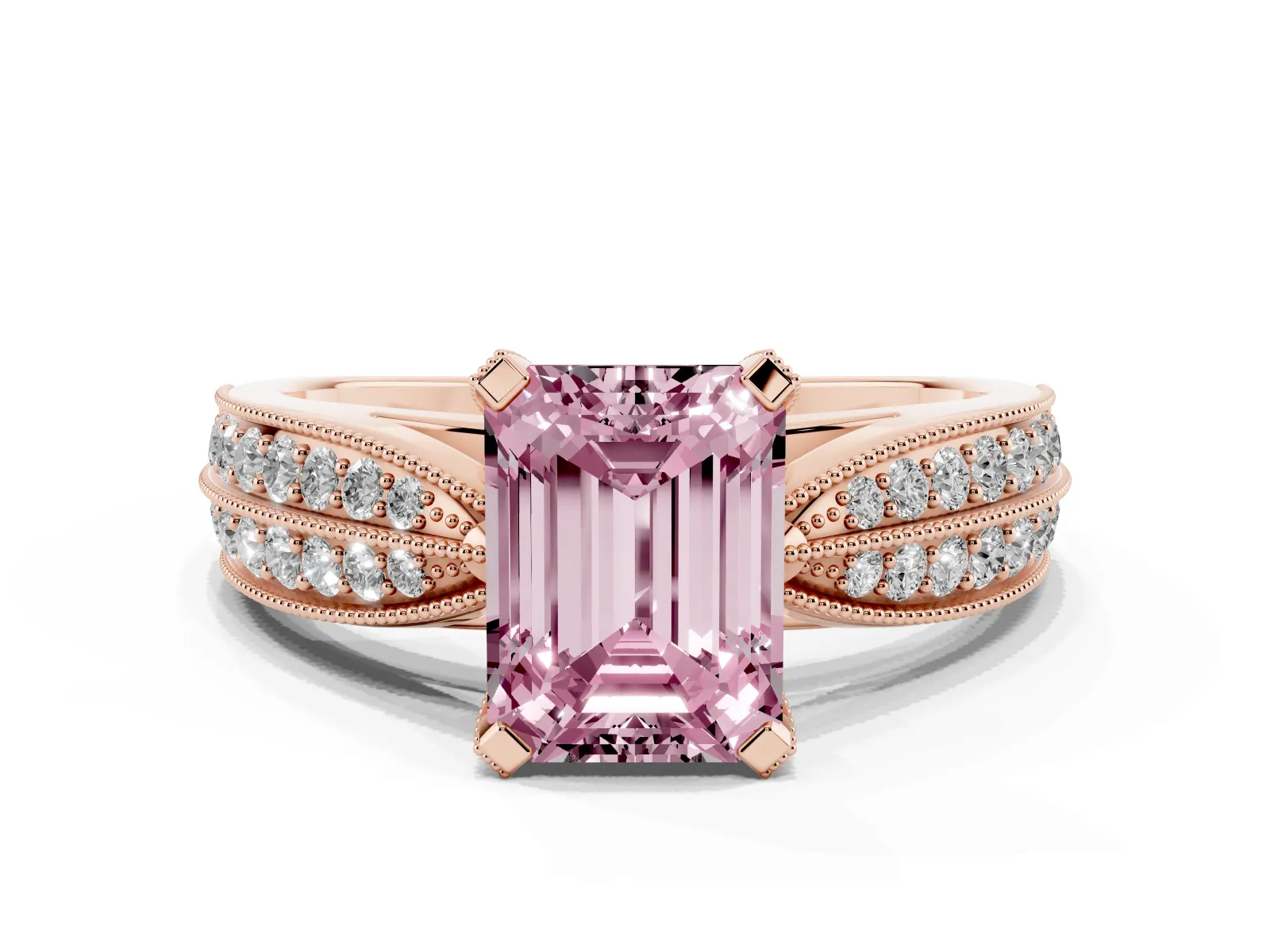 Fancy Pink Emerald Cut Diamond Solitaire Ring with Milgrain Round Pavé Band and Prong Setting Rose gold