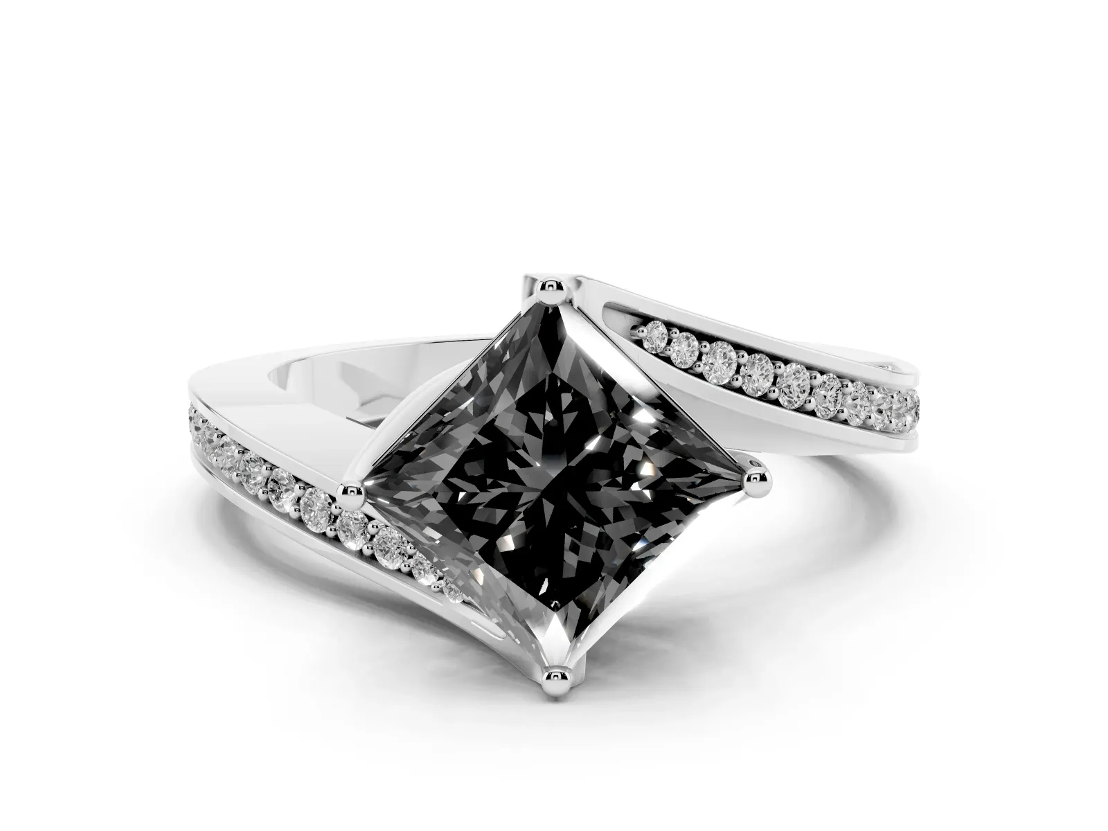 Fancy Black Princess Cut Solitaire Diamond Twist Band with Pavé Setting and Four-Prong Setting Platinum