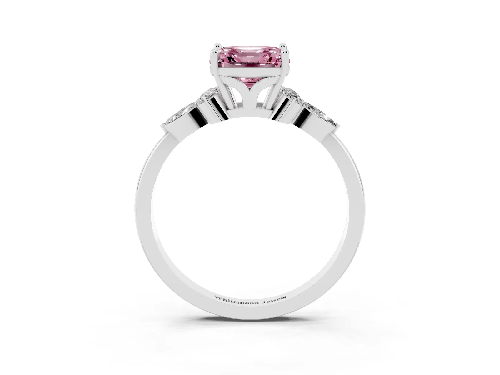 Fancy Pink Asscher Cut Brilliant Diamond Solitaire Ring with Pear Side Stones and Four-Prong Setting Platinum