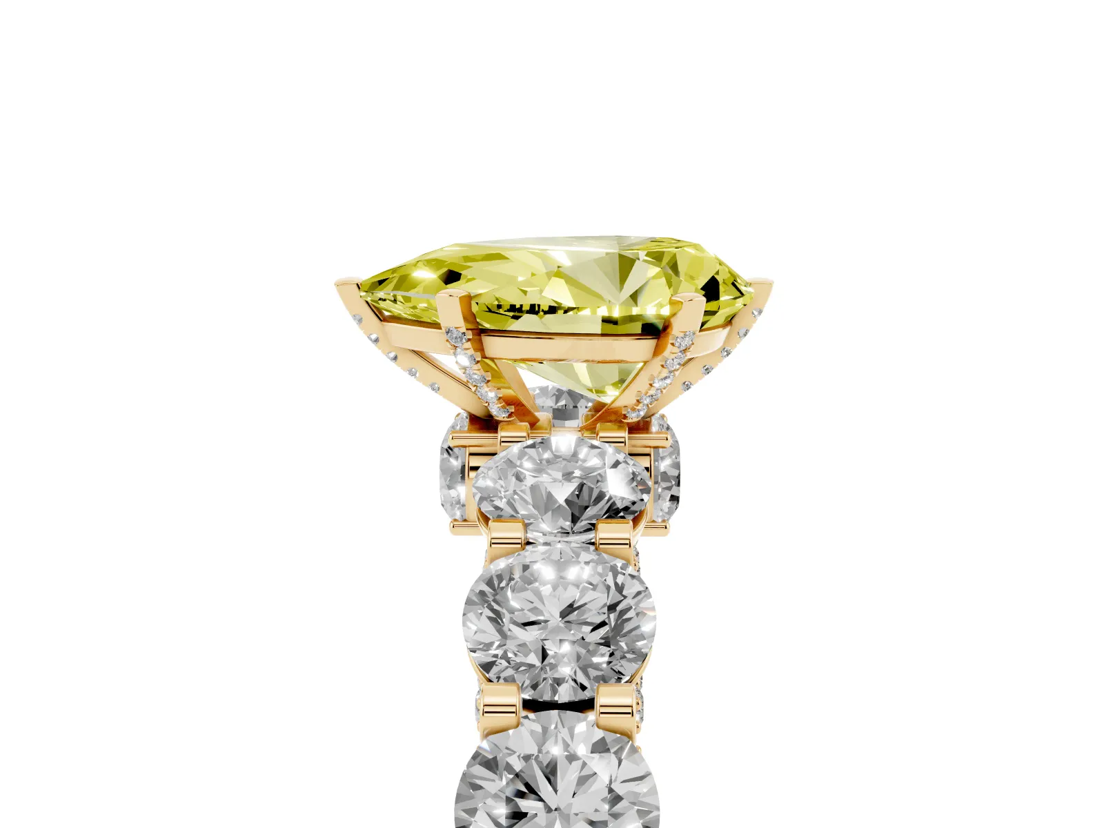 Fancy Yellow Pear Cut Diamond Side Stone Engagement Ring with Four-Prong Setting Yellow gold
