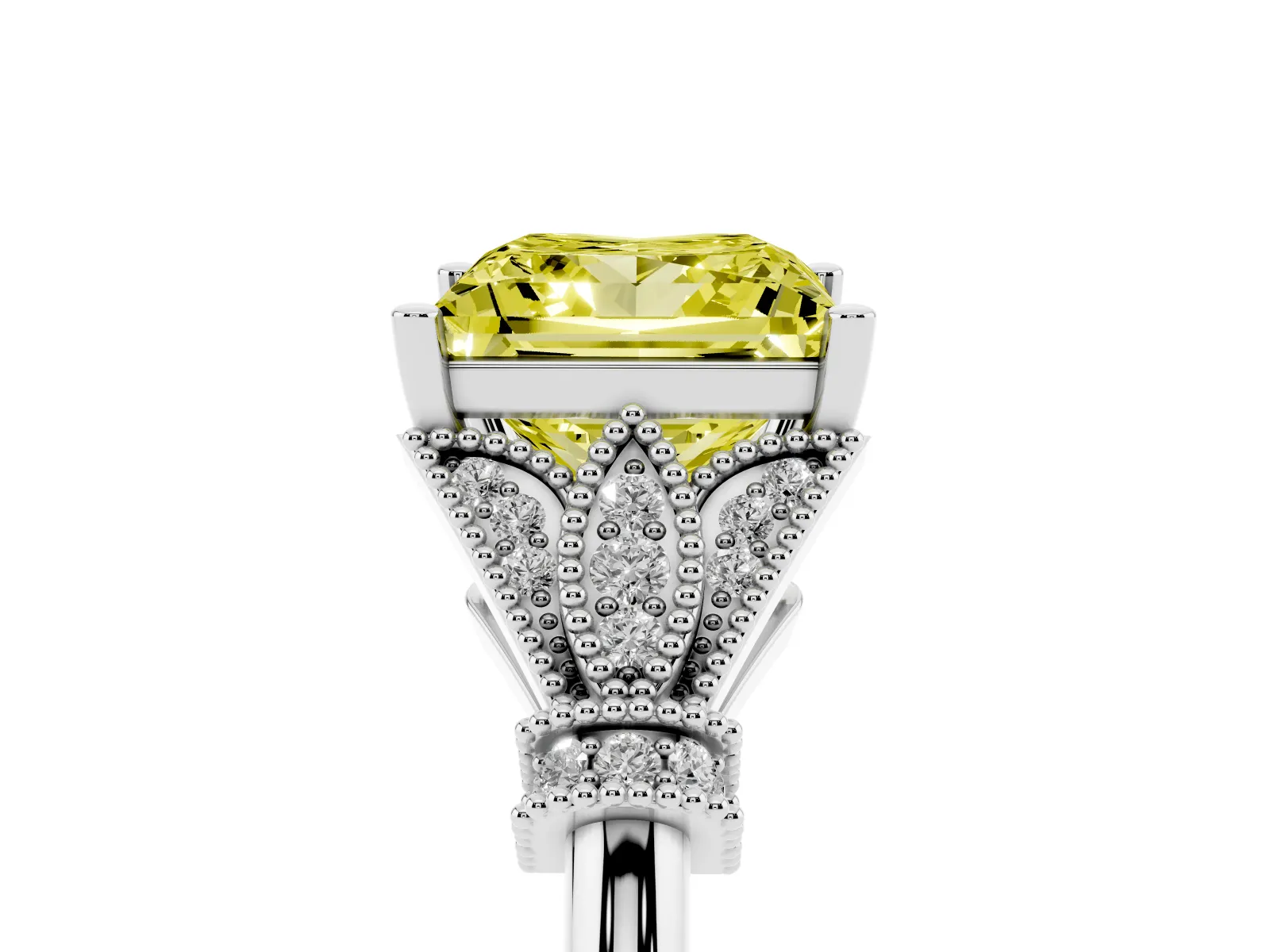 Fancy Yellow Princess Cut Diamond Solitaire Ring with Floral Filigree and Pave Accents Platinum