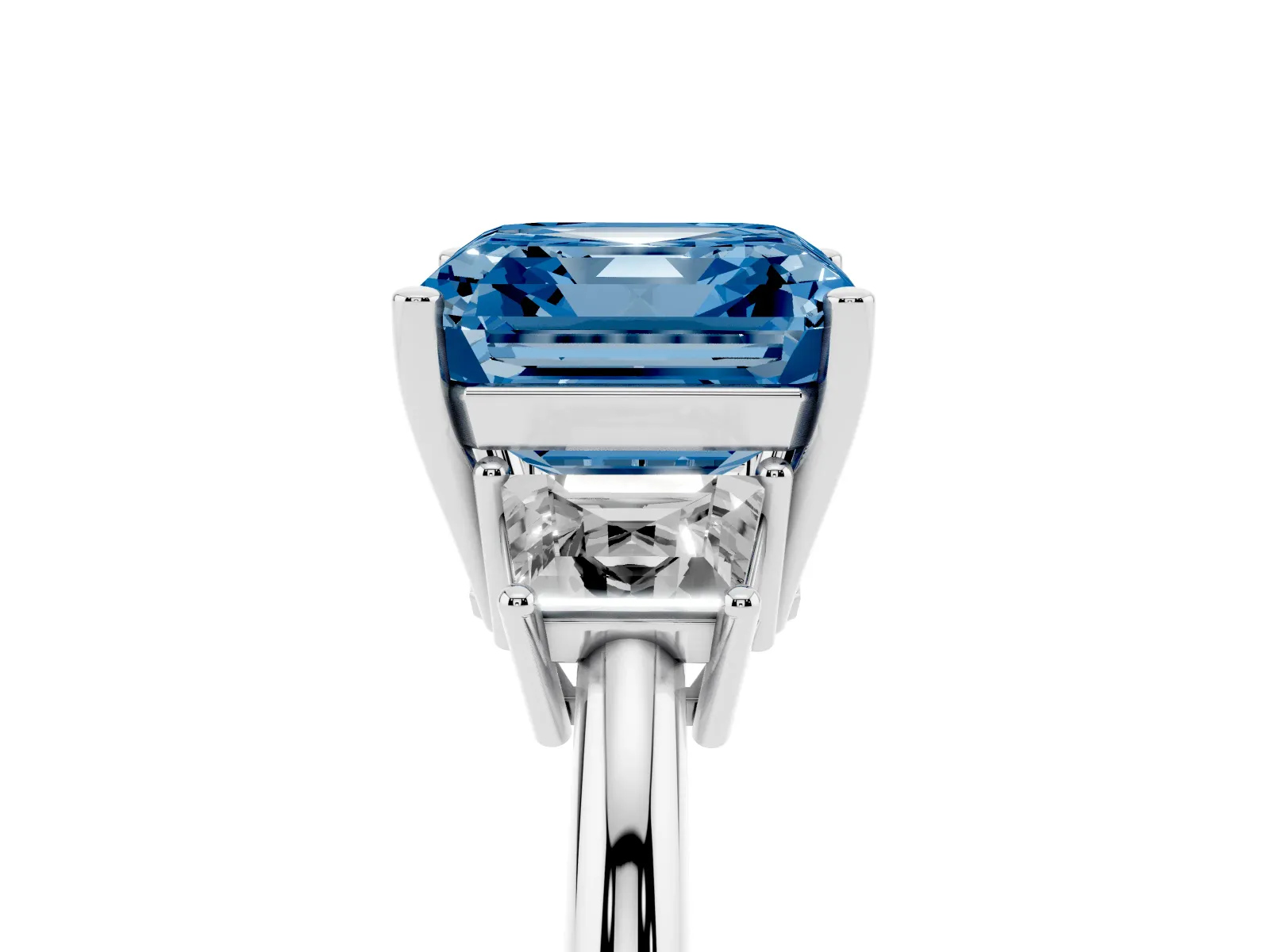 Fancy Blue Asscher Cut Diamond Three-Stone Ring with Trapezoid Side Stones and Prong Setting White gold