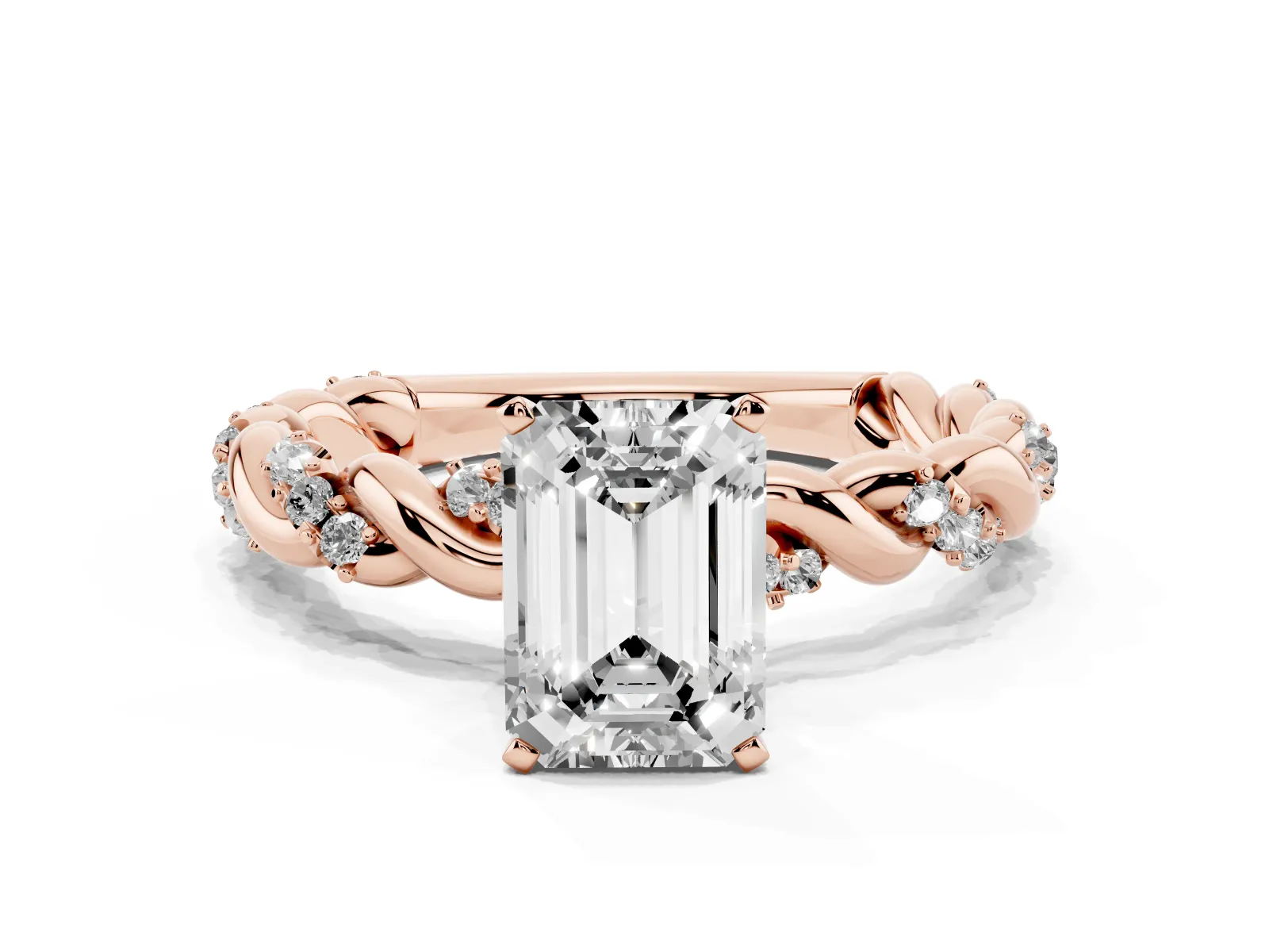 Emerald Cut Diamond Solitaire Ring with Twisted Band and Pavé Accents Rose gold