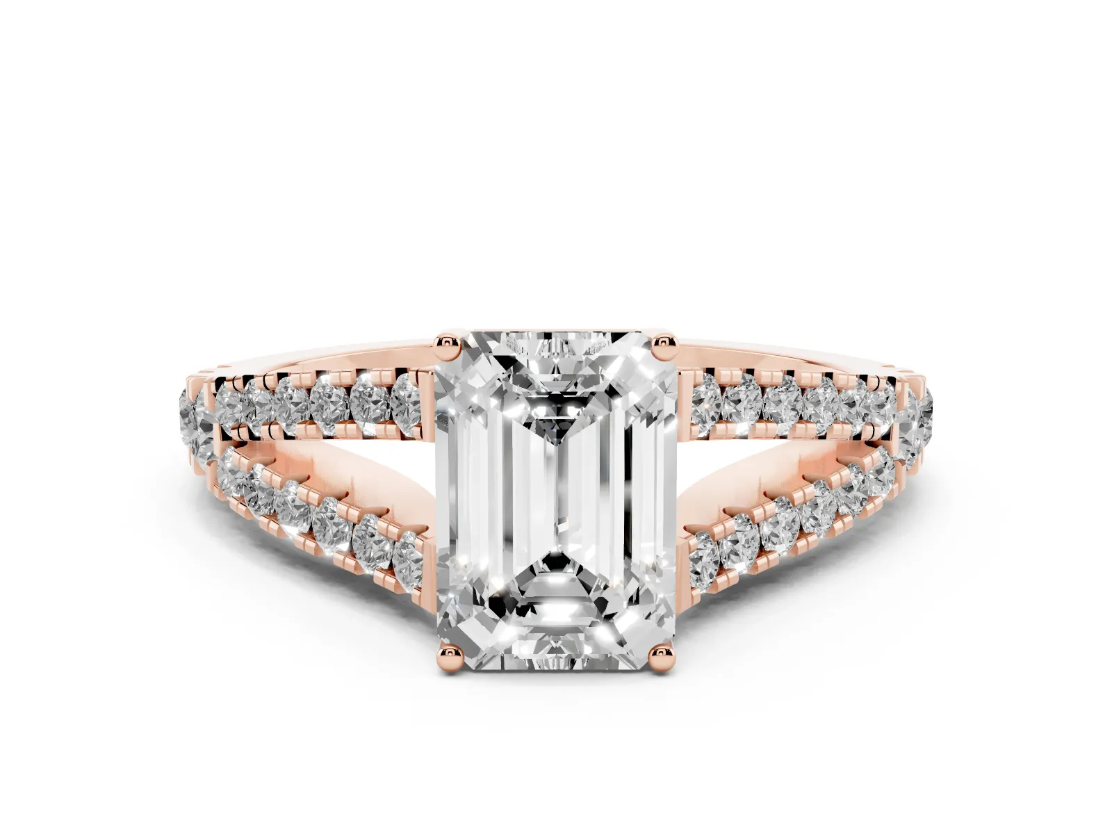 Emerald Cut Diamond Split Shank Engagement Ring with Round Pavé and Prong Setting Rose gold