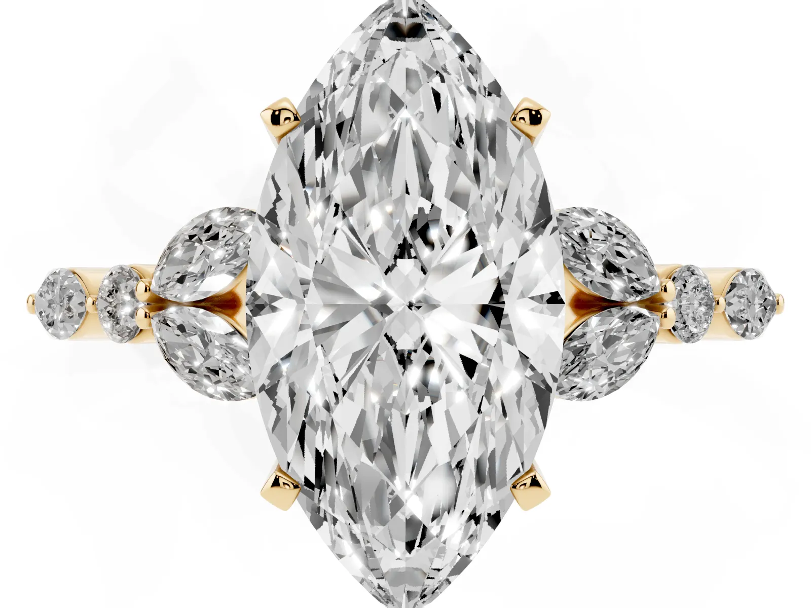 Marquise Cut Diamond Solitaire Ring with Side Stones and Four-Prong Setting Yellow gold