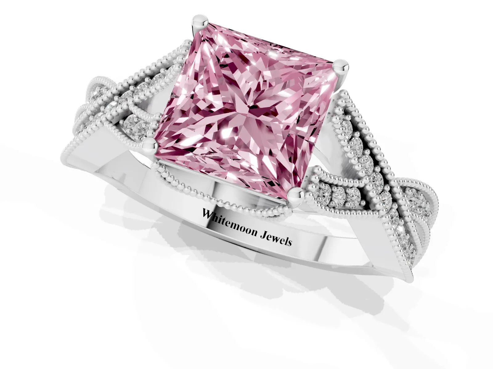Fancy Pink Princess Cut Cut Diamond Twisted Band with Milgrain Pave Setting and Four-Prong Setting Platinum