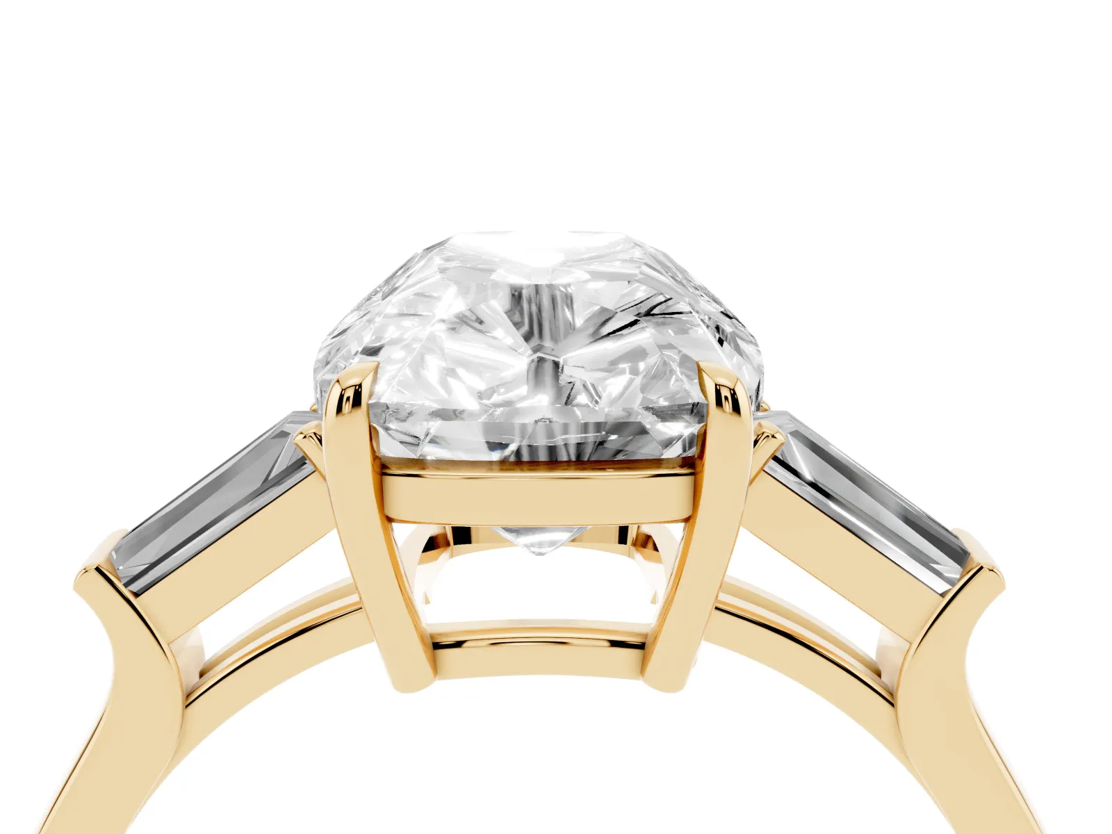 Old Mine Elongated Cushion Diamond with Side Tapered Baguette Three Stone Ring Yellow gold