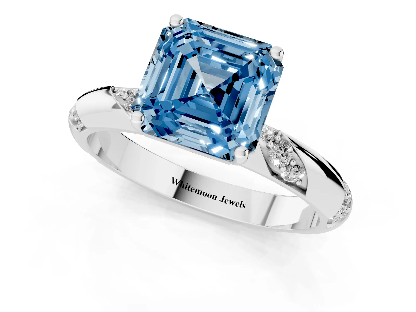 Fancy Blue Asscher Cut Diamond Solitaire Engagement Ring with Twisted Round Accent Band and Prong Setting Platinum