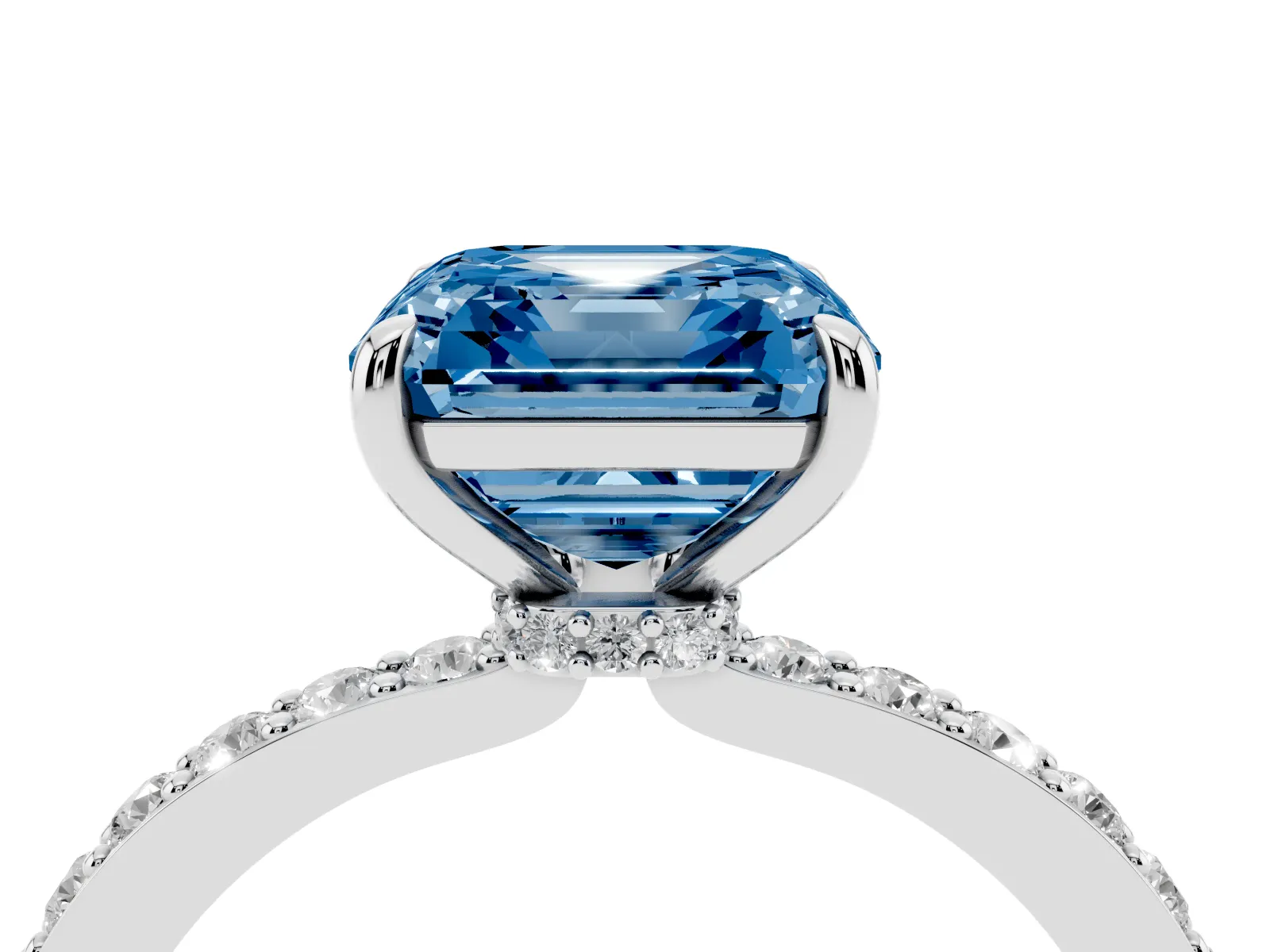 Fancy Blue Asscher Cut Diamond Solitaire Engagement Ring with Pavé Band and Four-Prong Setting White gold