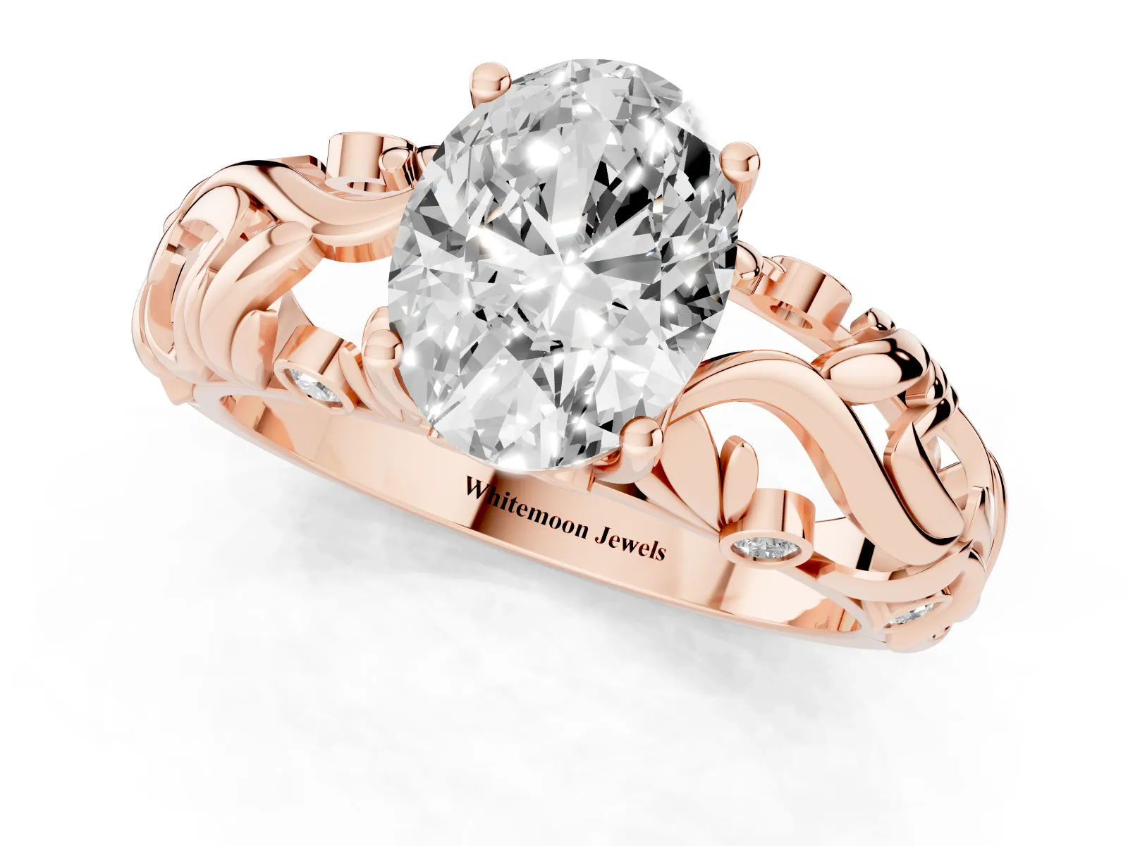 Oval Cut Solitaire Diamond Leaf-Inspired Vine Band Ring with Prong Setting Rose gold