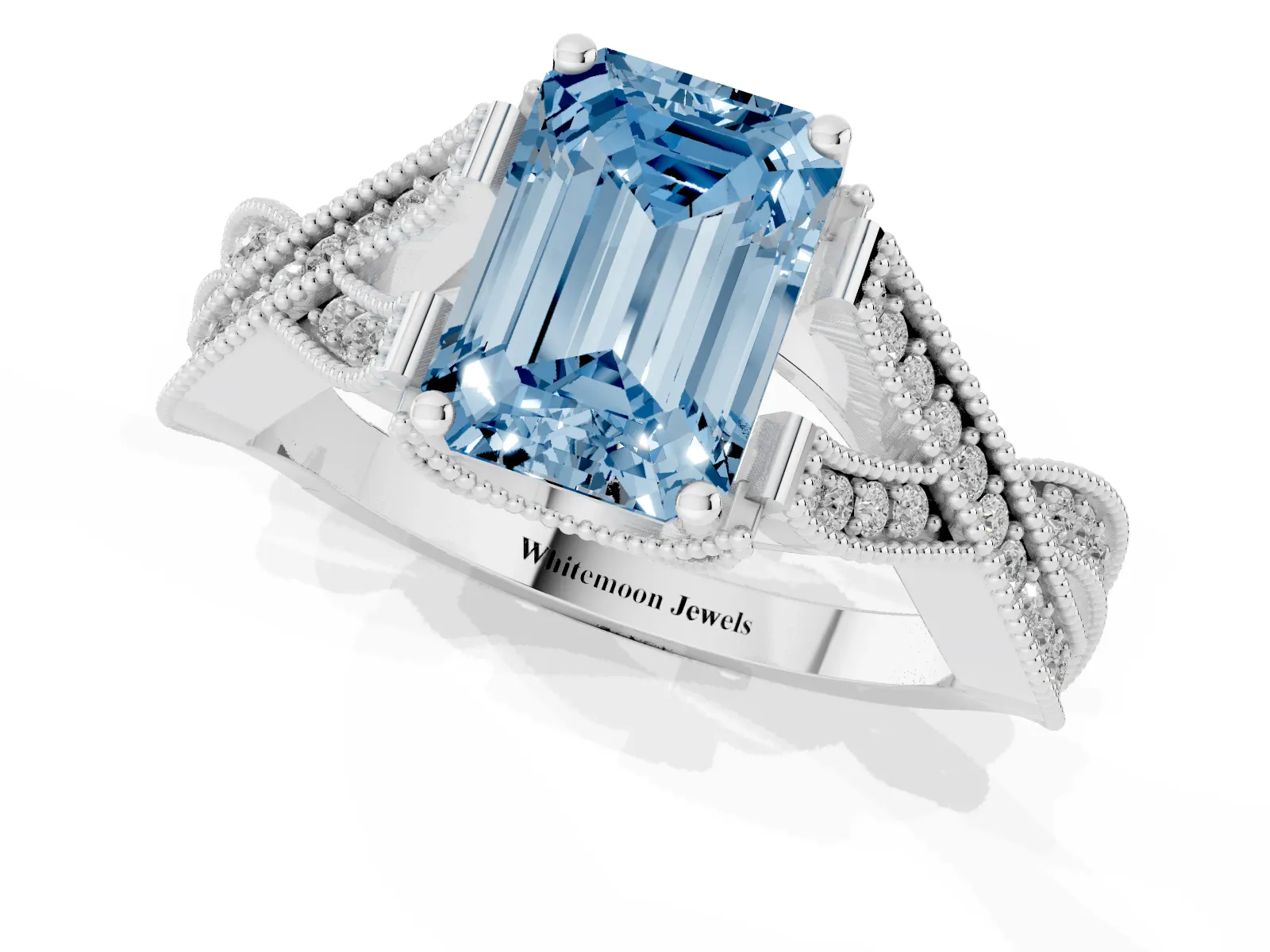 Fancy Blue Emerald Cut Cut Diamond Twisted Band with Milgrain Pave Setting and Four-Prong Setting Platinum