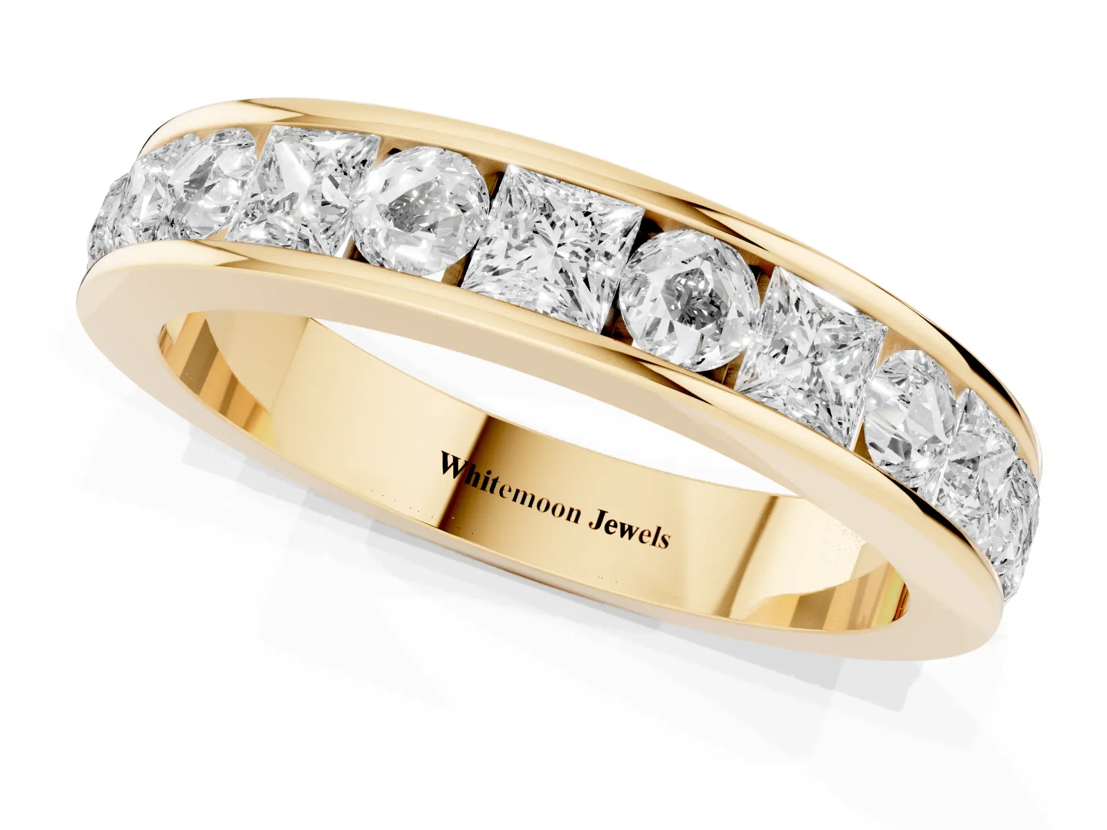 Princess Diamond Channel Set Promise Ring with Round Diamond Accents Yellow gold