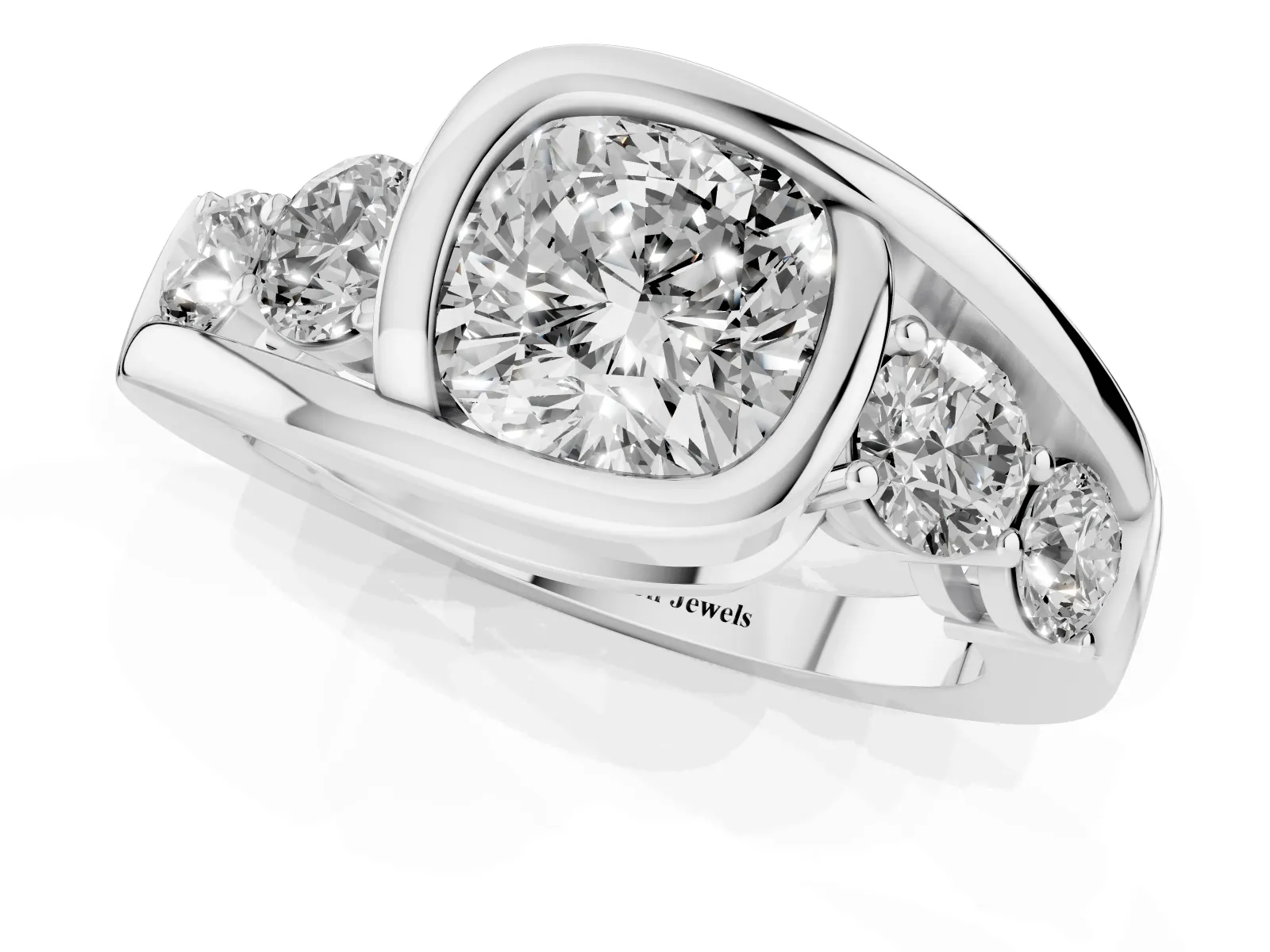 Bezel Set Cushion Cut Diamond Bypass Ring with Round Accents Platinum