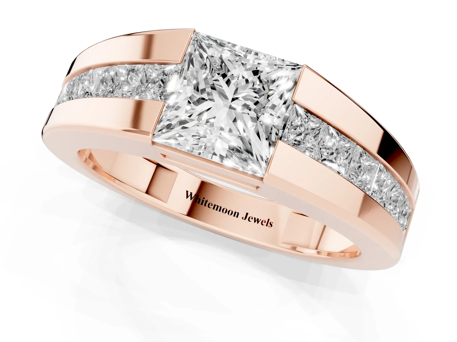 Princess Diamond Channel Set Mens Ring Rose gold