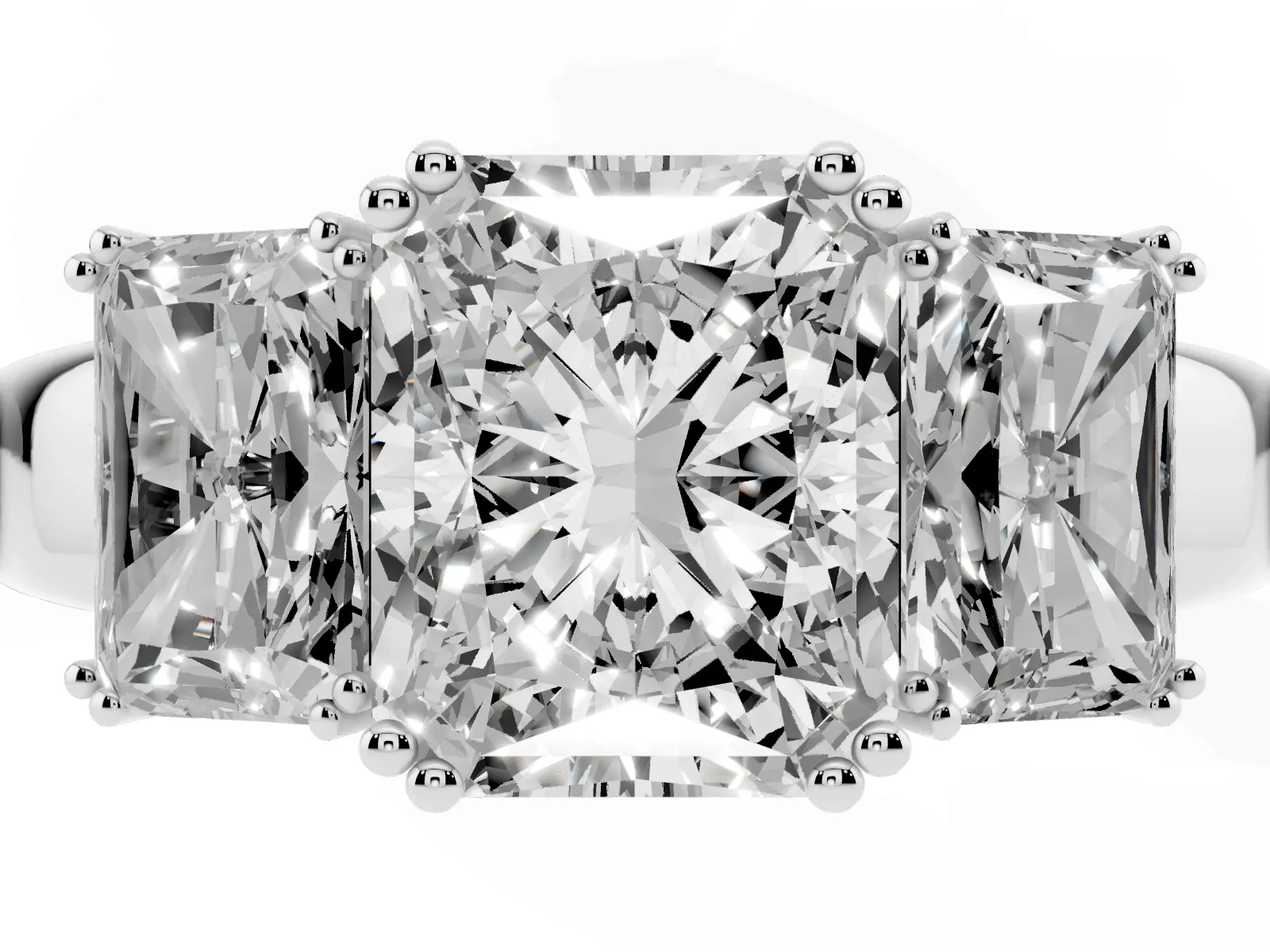 Three-Stone Radiant Cut Cut Diamond Ring with Channel Set Band and Four-Prong Setting White gold