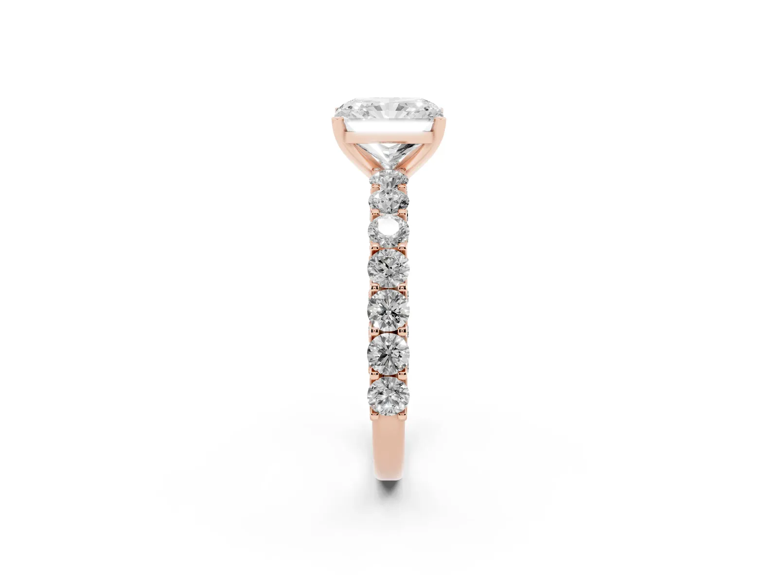 Radiant Cut Diamond Solitaire Ring with Shared Prong Pavé Band and Four-Prong Setting Rose gold